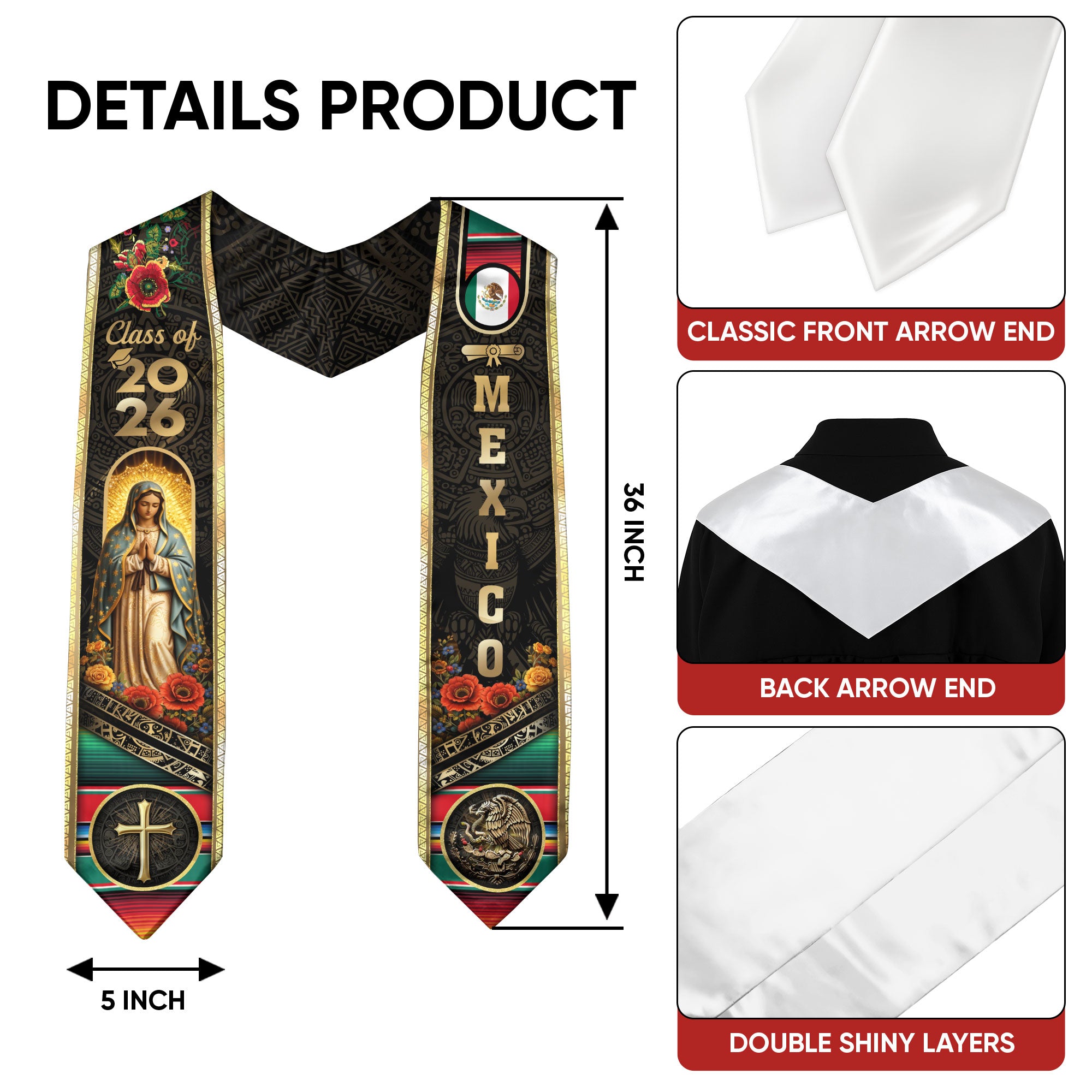 Virgin of Guadalupe Mexico Graduation Stole 2026 - Catholic Faith Mexican Heritage Sash