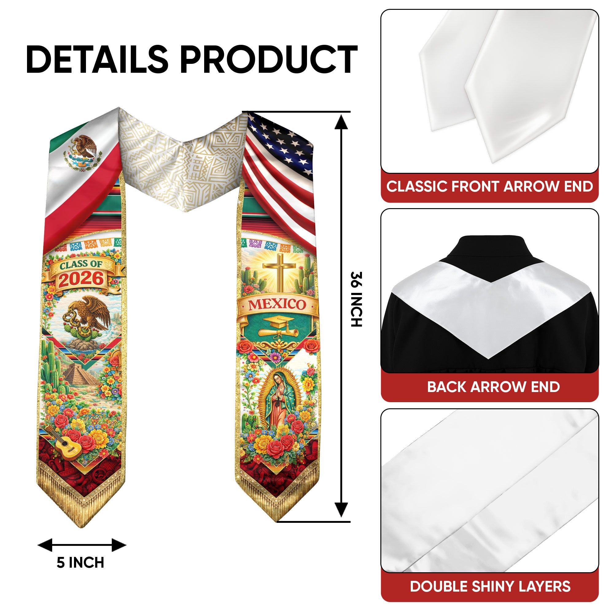Mexico Class of 2026 Graduation Stole Guadalupe Eagle Cross USA Flag Sash