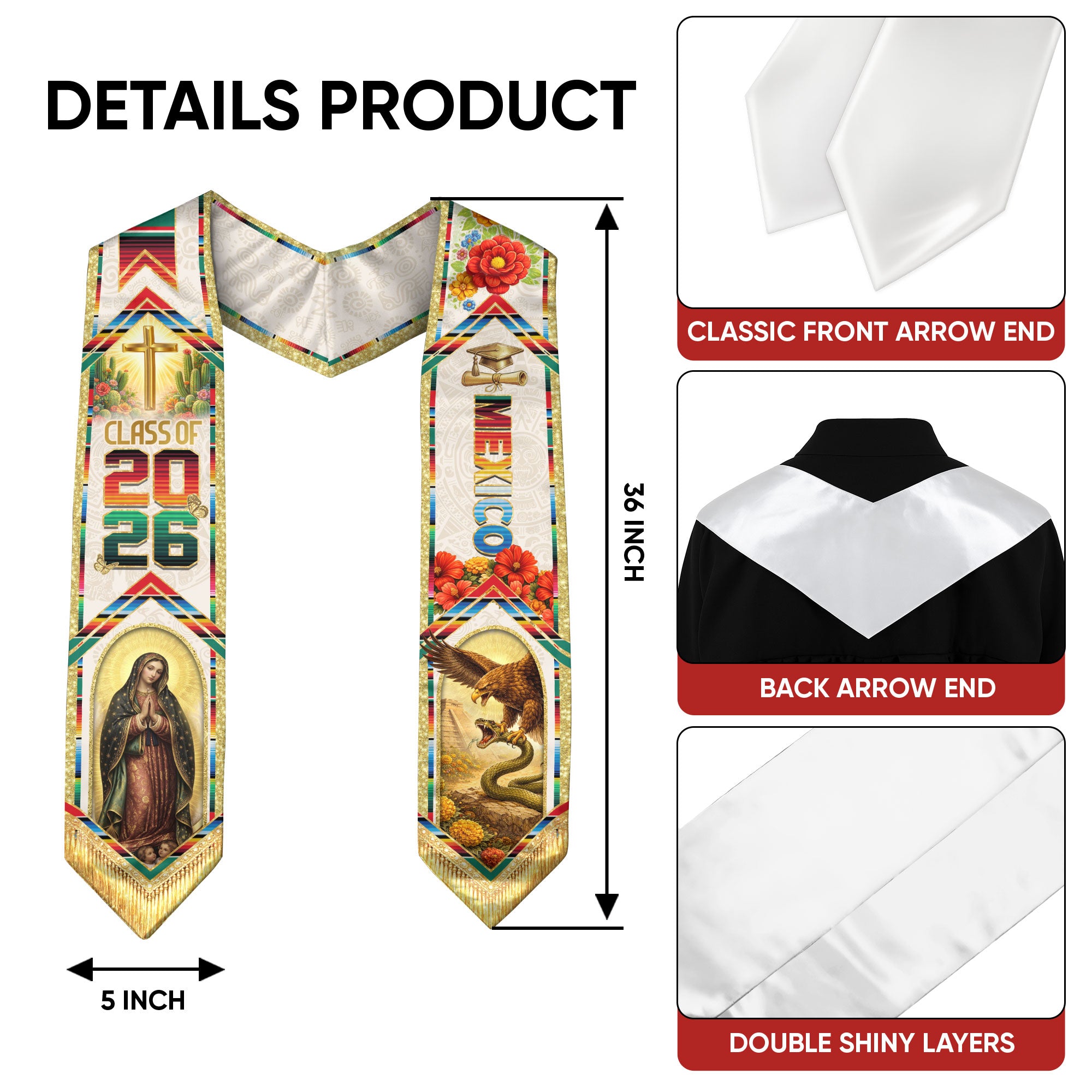 Mexican Graduation Stole 2026 Guadalupe Cross Eagle Snake Serape Sash
