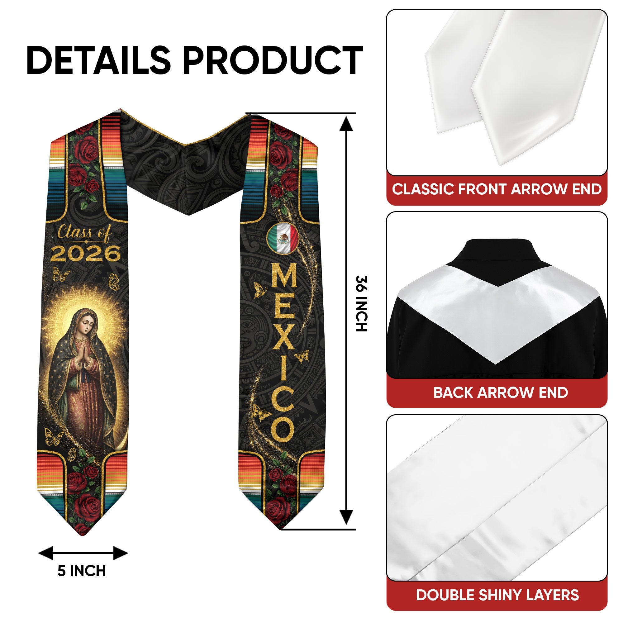 Mexico Graduation Stole 2026 - Floral Gold Cross Heritage Serape Sash
