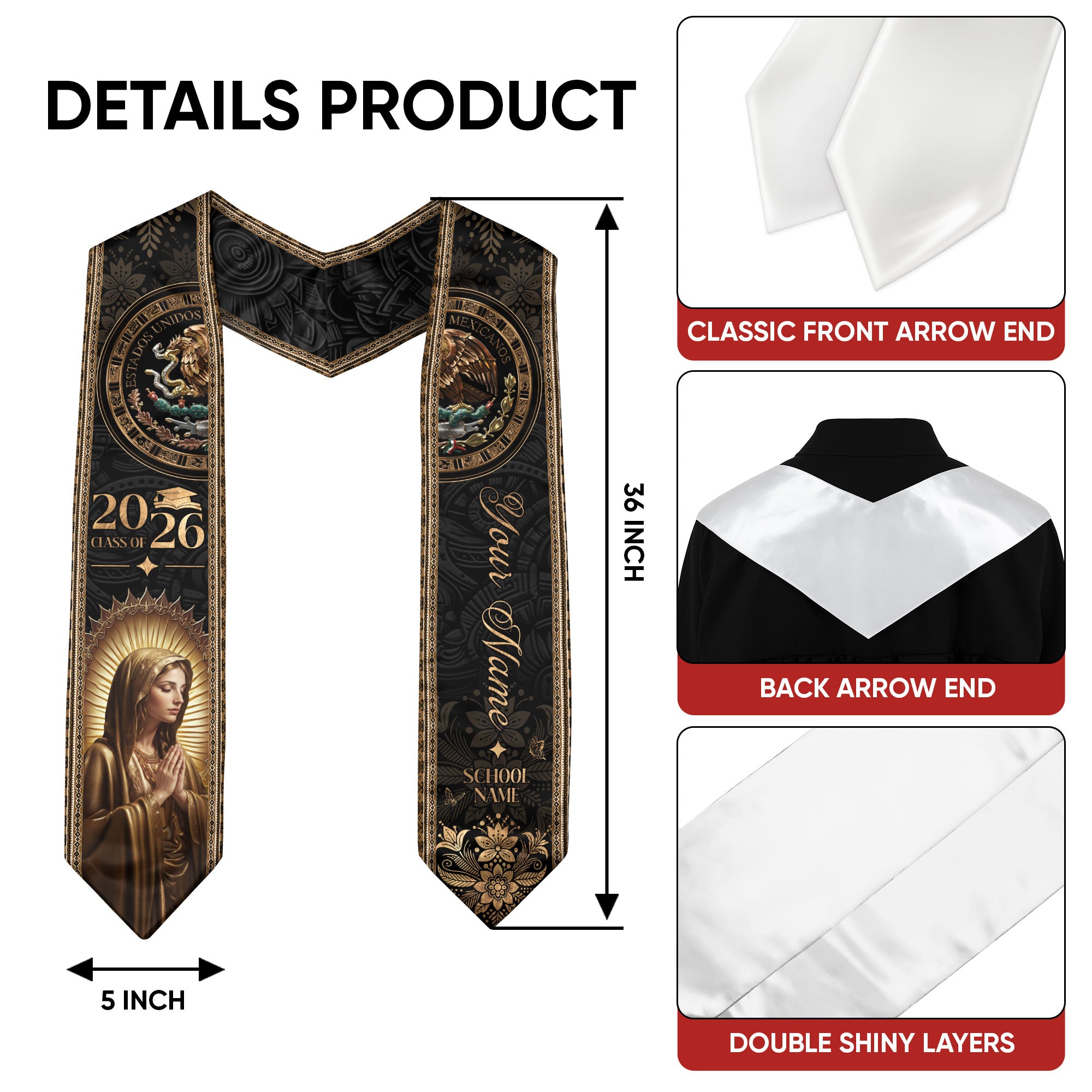 Custom Mexican Graduation Stole 2026 Virgin Mary Gold Eagle Heritage Black Luxury Sash