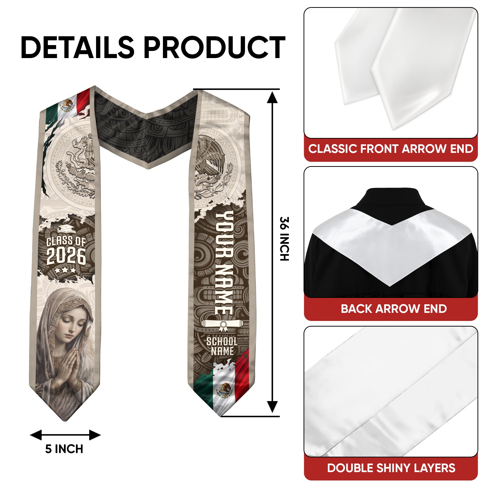 Custom Mexican Graduation Stole Class of 2026 Virgin Mary Guadalupe Heritage Sash Gift