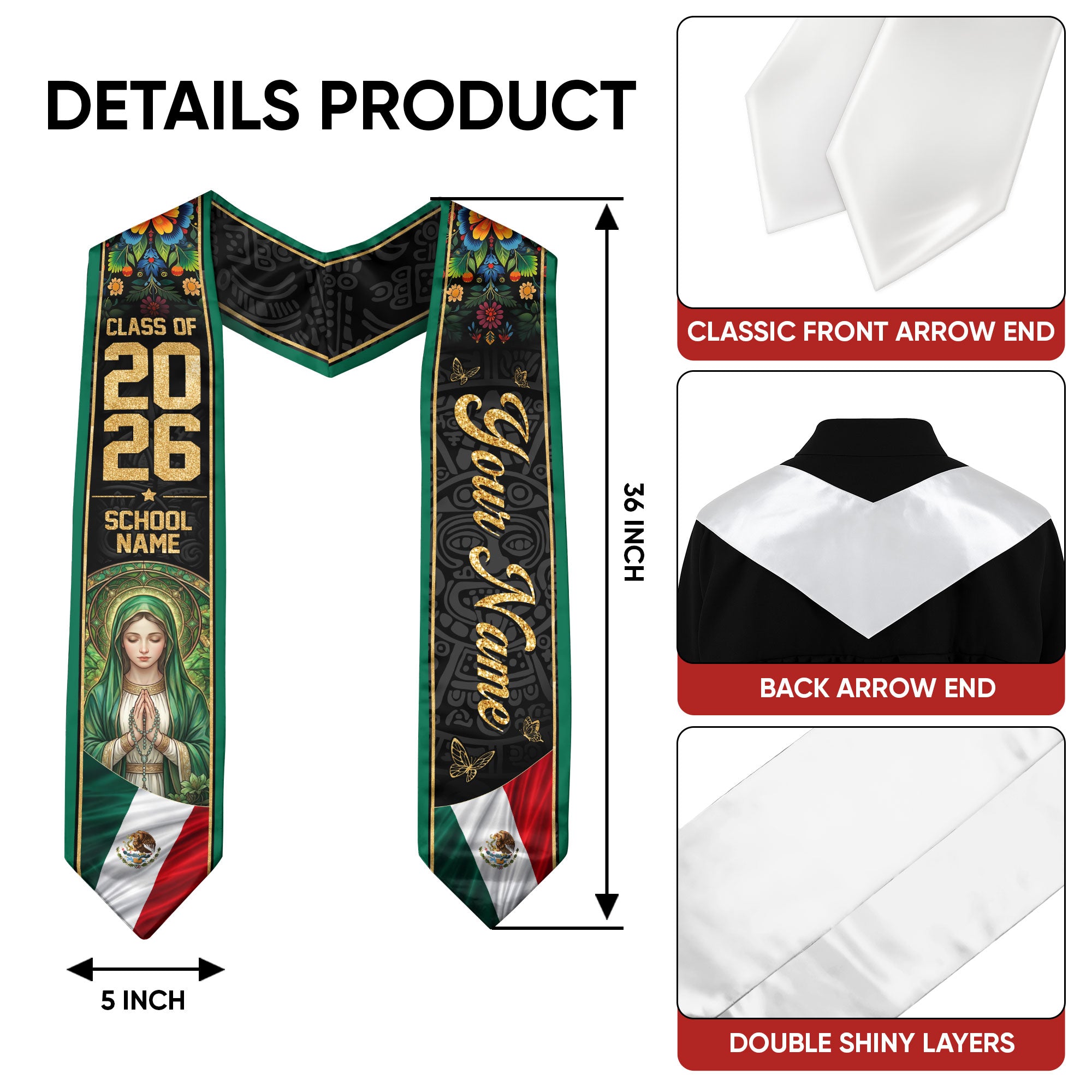 Personalized Mexico Flag Graduation Stole 2026 Our Lady of Guadalupe Floral Kente Sash