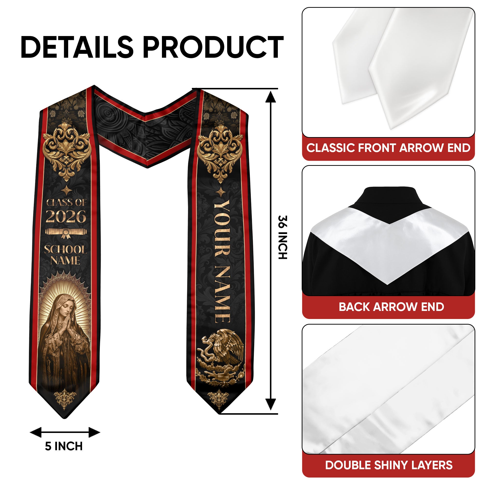 Personalized Mexico Flag Graduation Stole 2026 Our Lady of Guadalupe Gold Baroque Sash