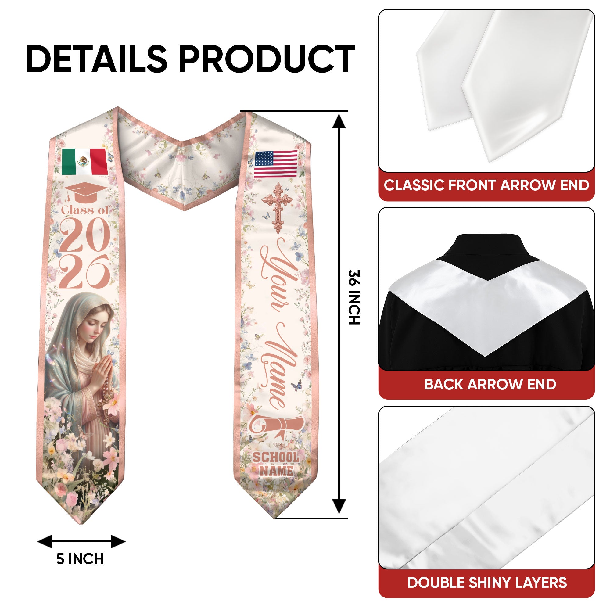 Custom Mexican American Graduation Stole 2026 Virgin Mary Floral Mexico USA Flag Sash