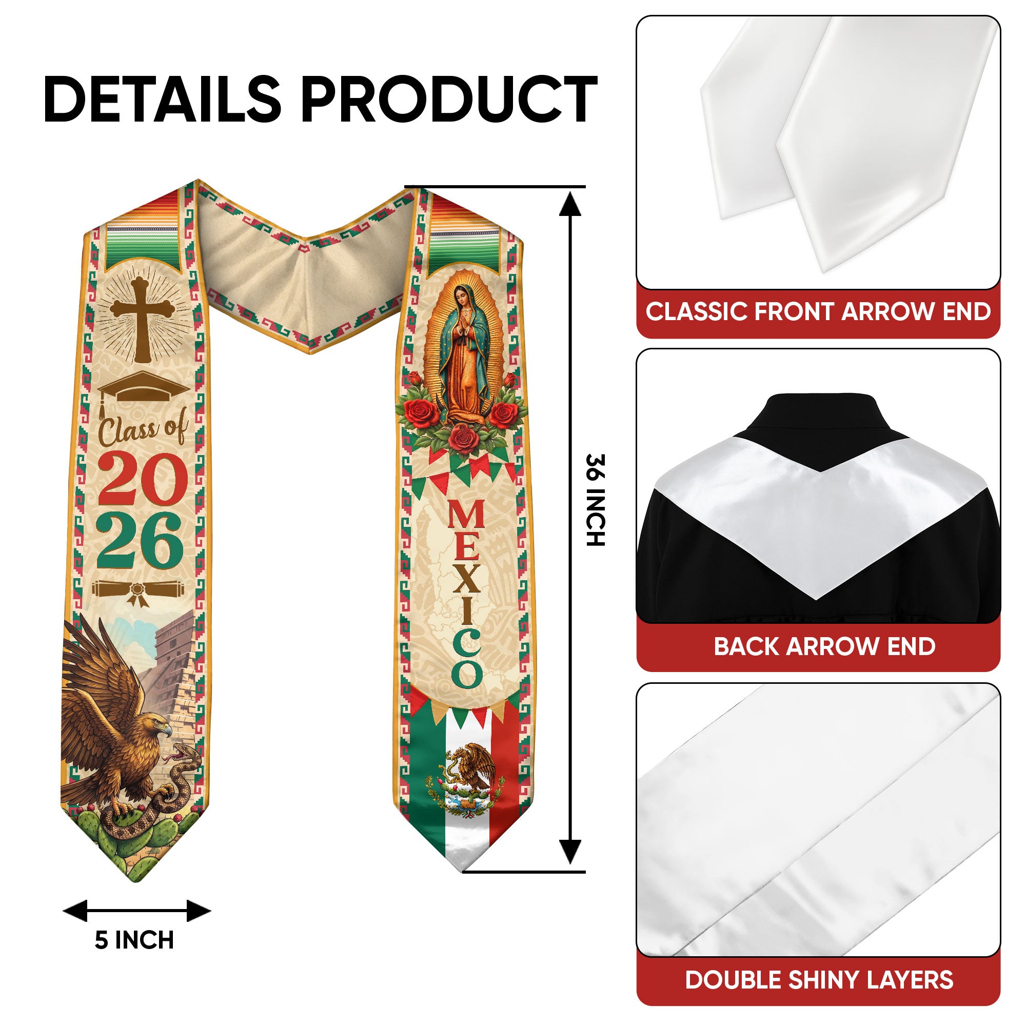 Mexican Flag Graduation Stole - Class of 2026 Sash for Graduation Ceremony
