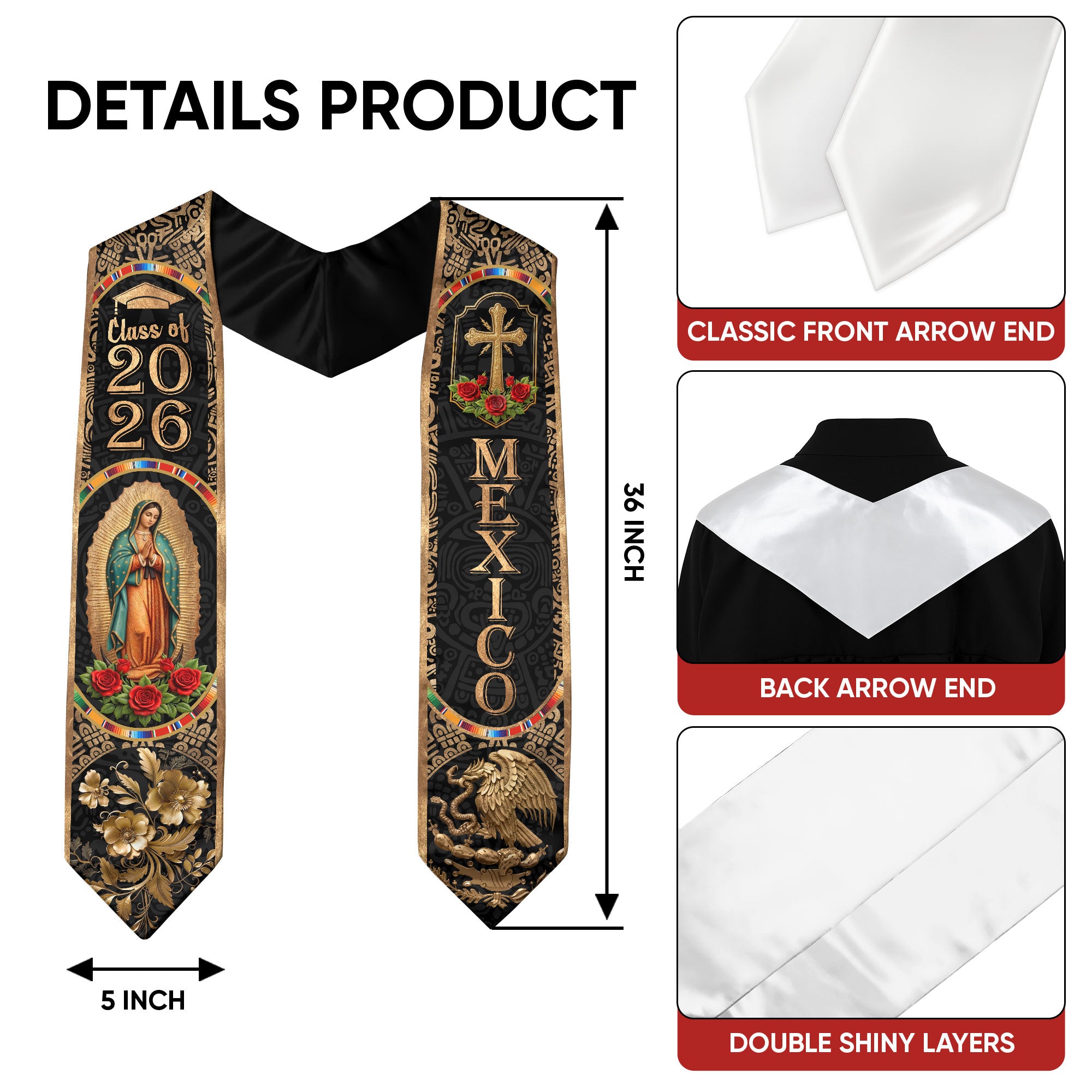 Mexican Graduation Stole Class of 2026 - Black Gold Mexican Heritage Sash Gift
