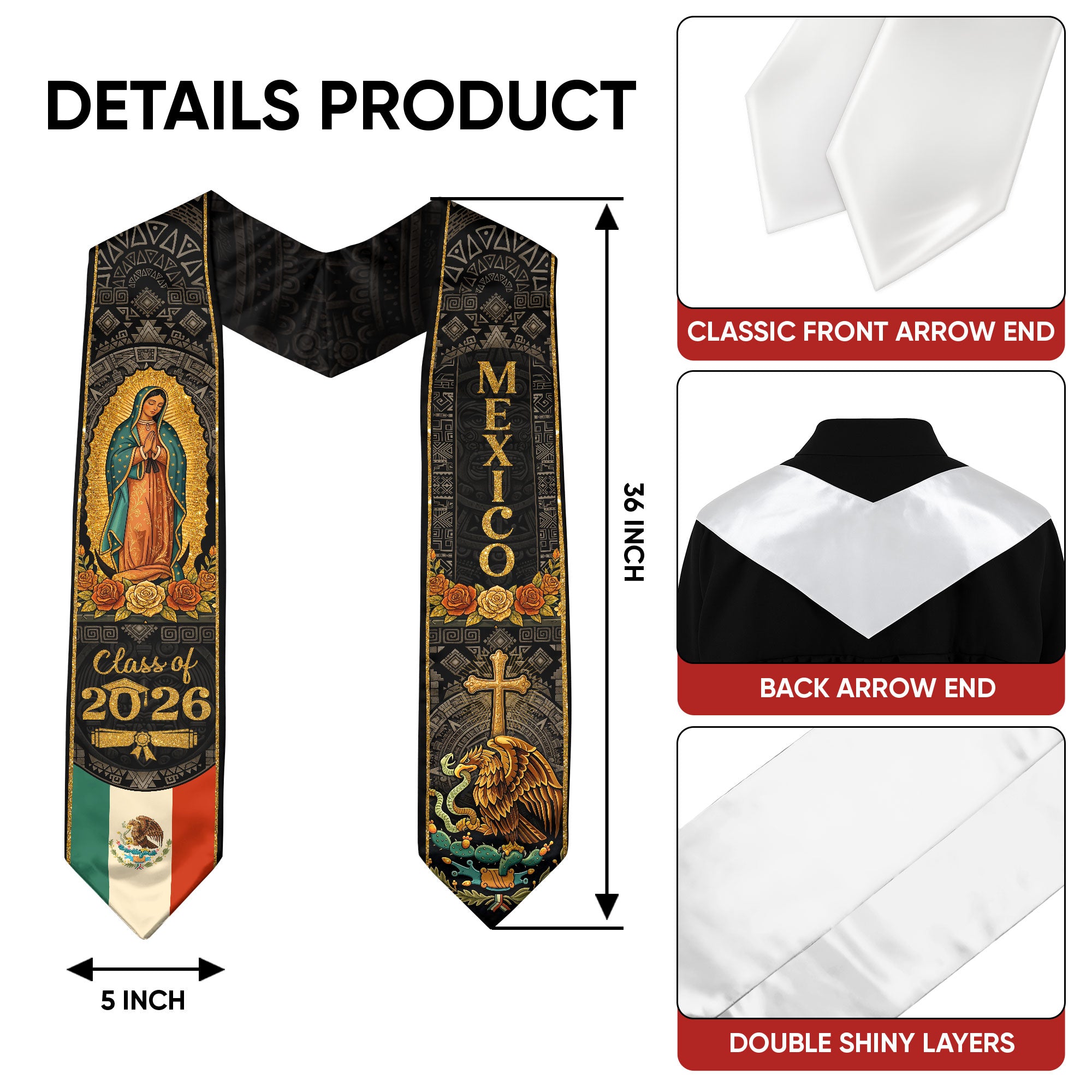 Our Lady of Guadalupe Graduation Stole 2026 - Aztec Sun Stone Mexico Heritage Sash