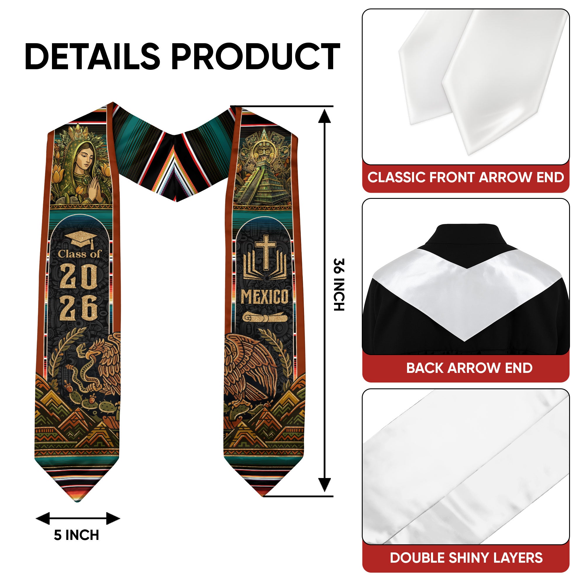 Mexican Heritage Graduation Stole 2026 - Serape & Aztec Pyramid Graduation Sash