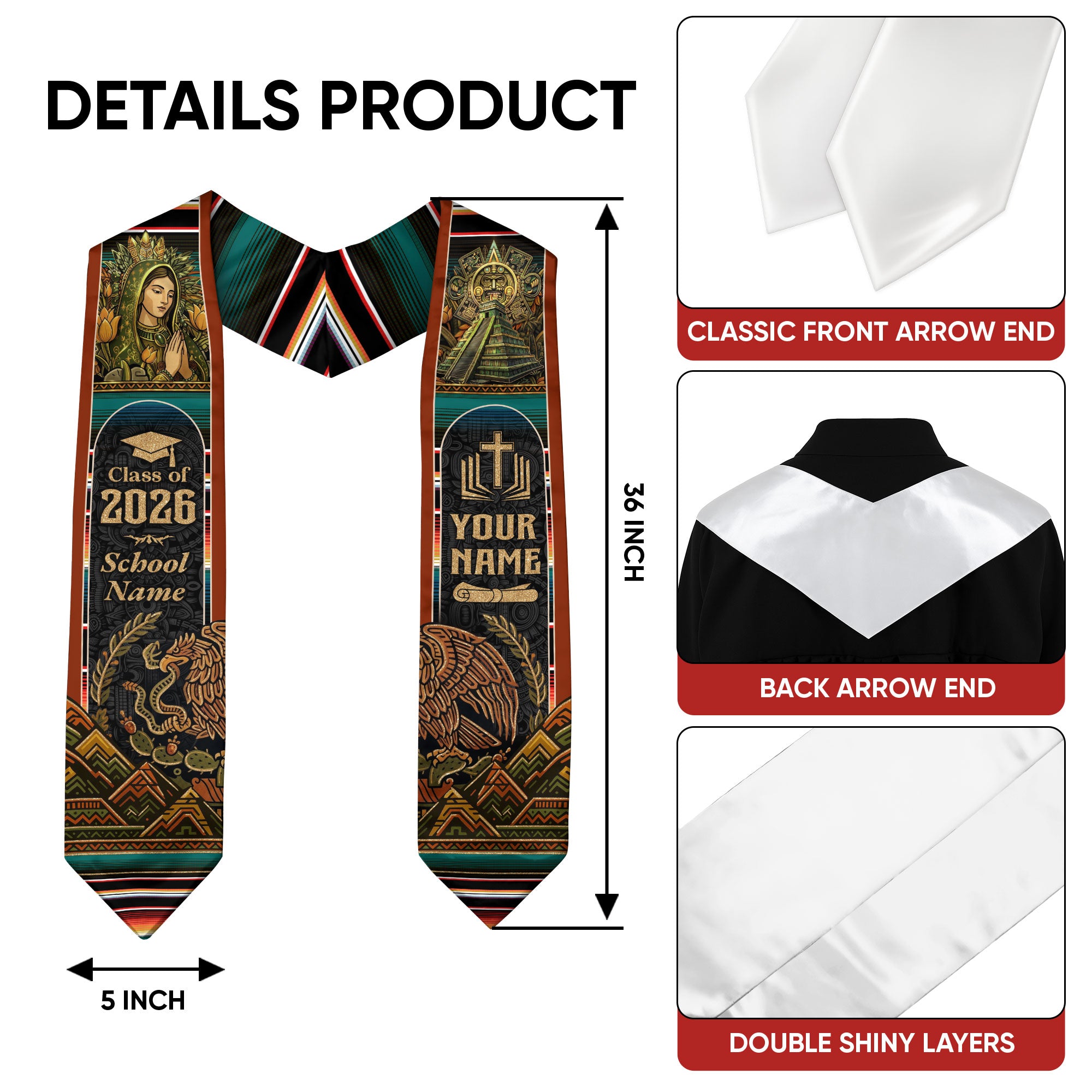 Custom Mexican Graduation Stole 2026 – Virgin Mary Catholic Heritage Sash
