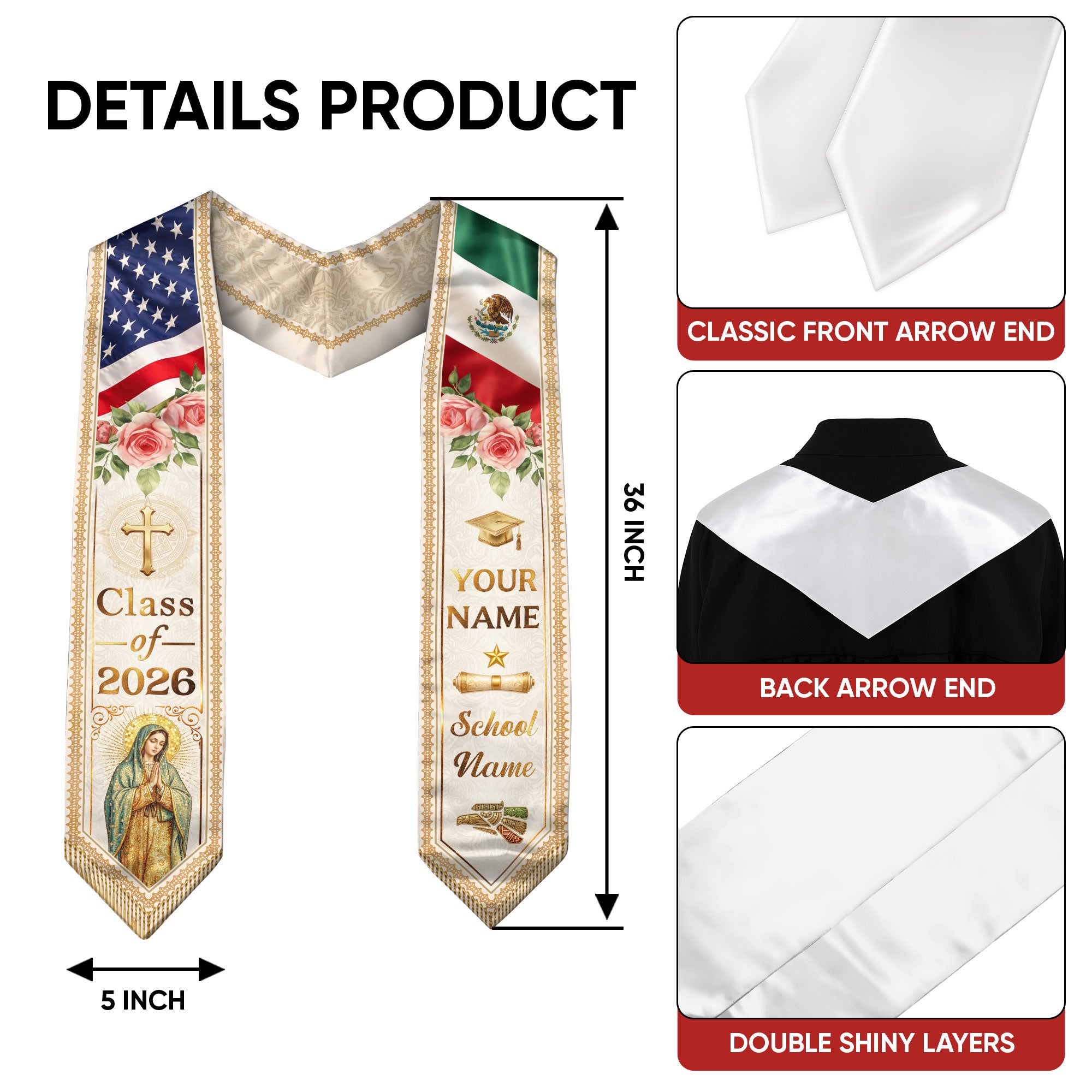 Custom Mexican Graduation Stole 2026 Virgin Mary Aztec Eagle Name School Sash