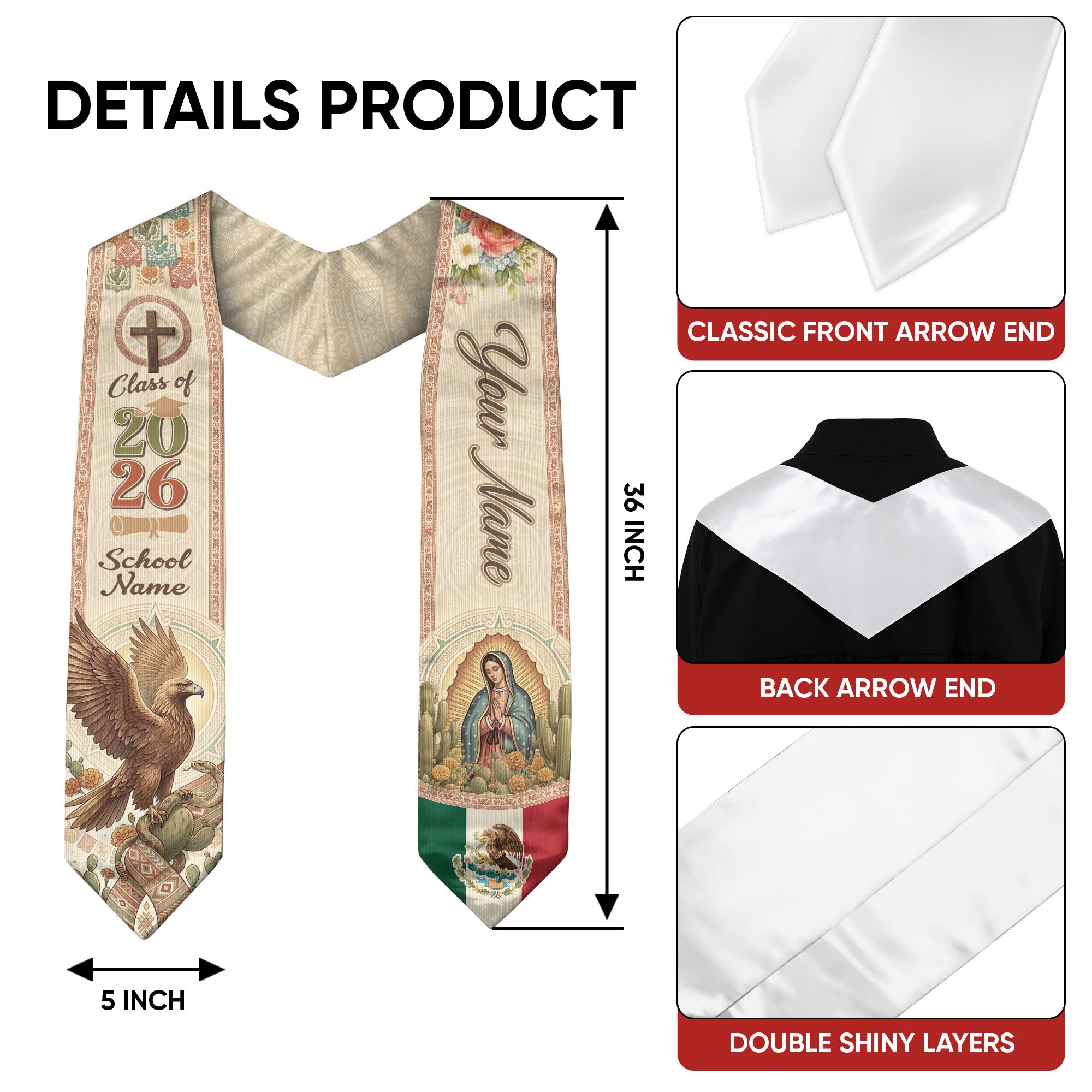 Custom Mexico Graduation Stole 2026 - Our Lady of Guadalupe & Eagle Heritage Sash