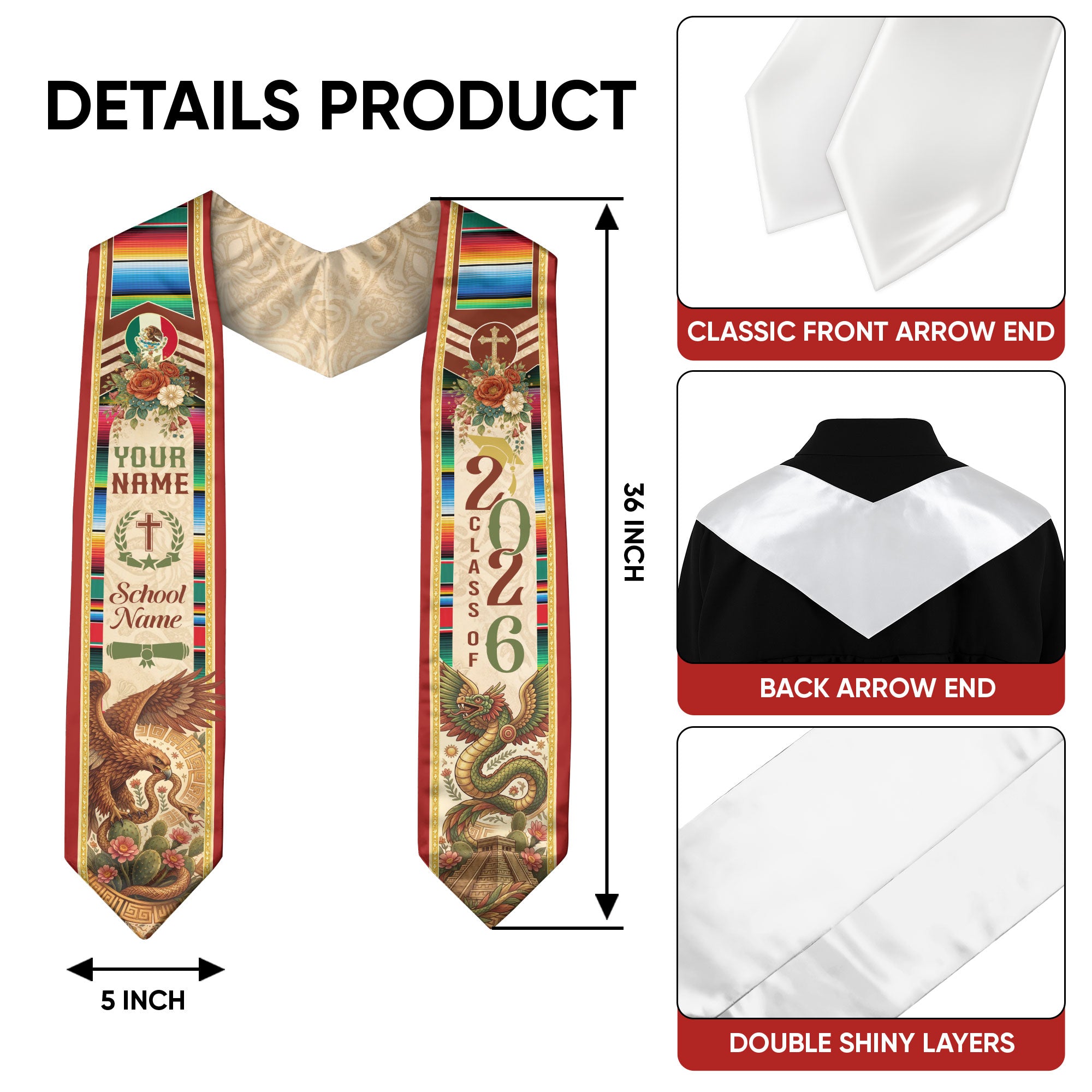 Custom Mexico Graduation Stole 2026 - Quetzalcoatl Aztec & Mexican Eagle Heritage Sash