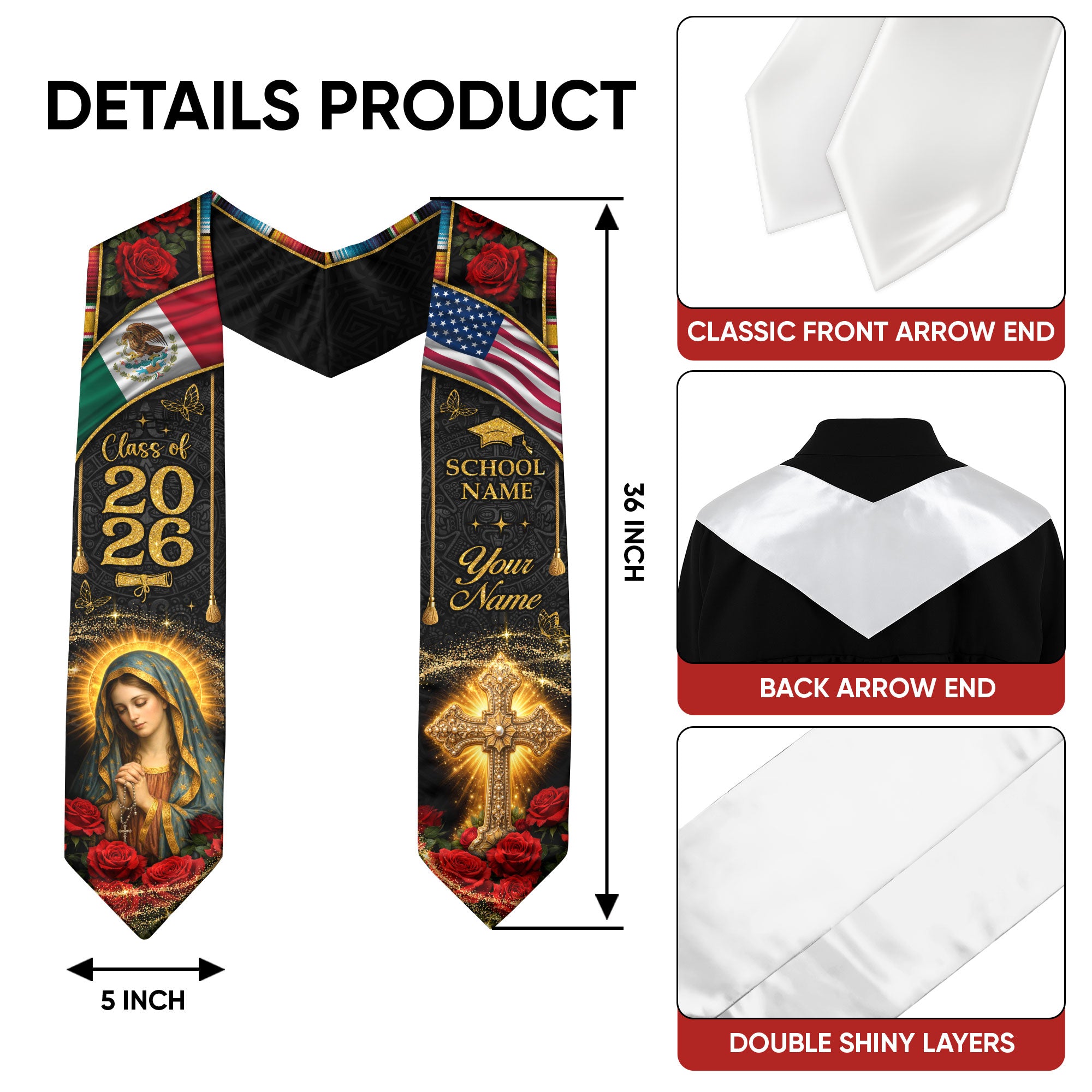 Custom Mexico Graduation Stole Class of 2026 Virgin Mary Cross Mexican Flag Sash