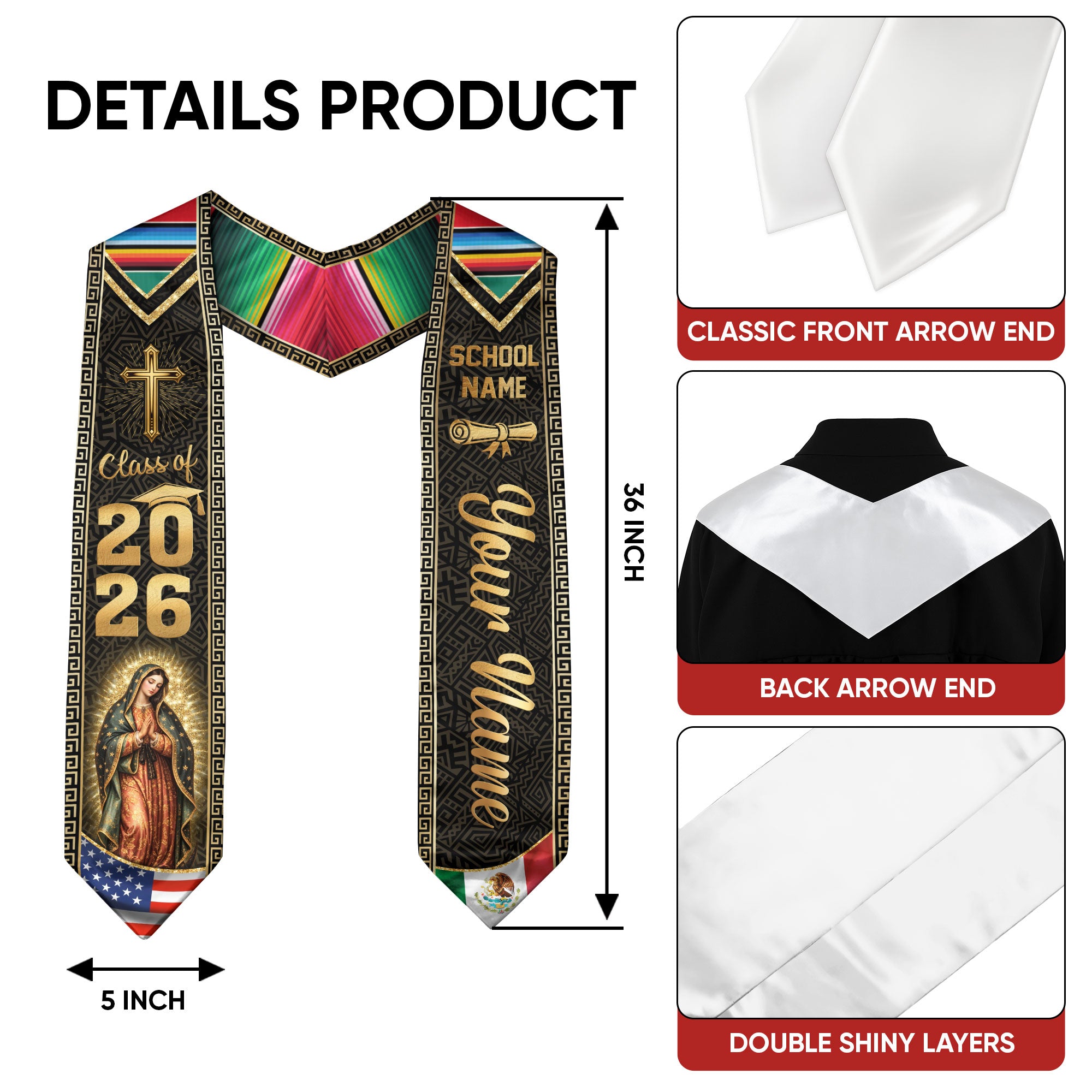 Mexico USA Graduation Stole Class of 2026 - Personalized Serape Heritage Gold Sash