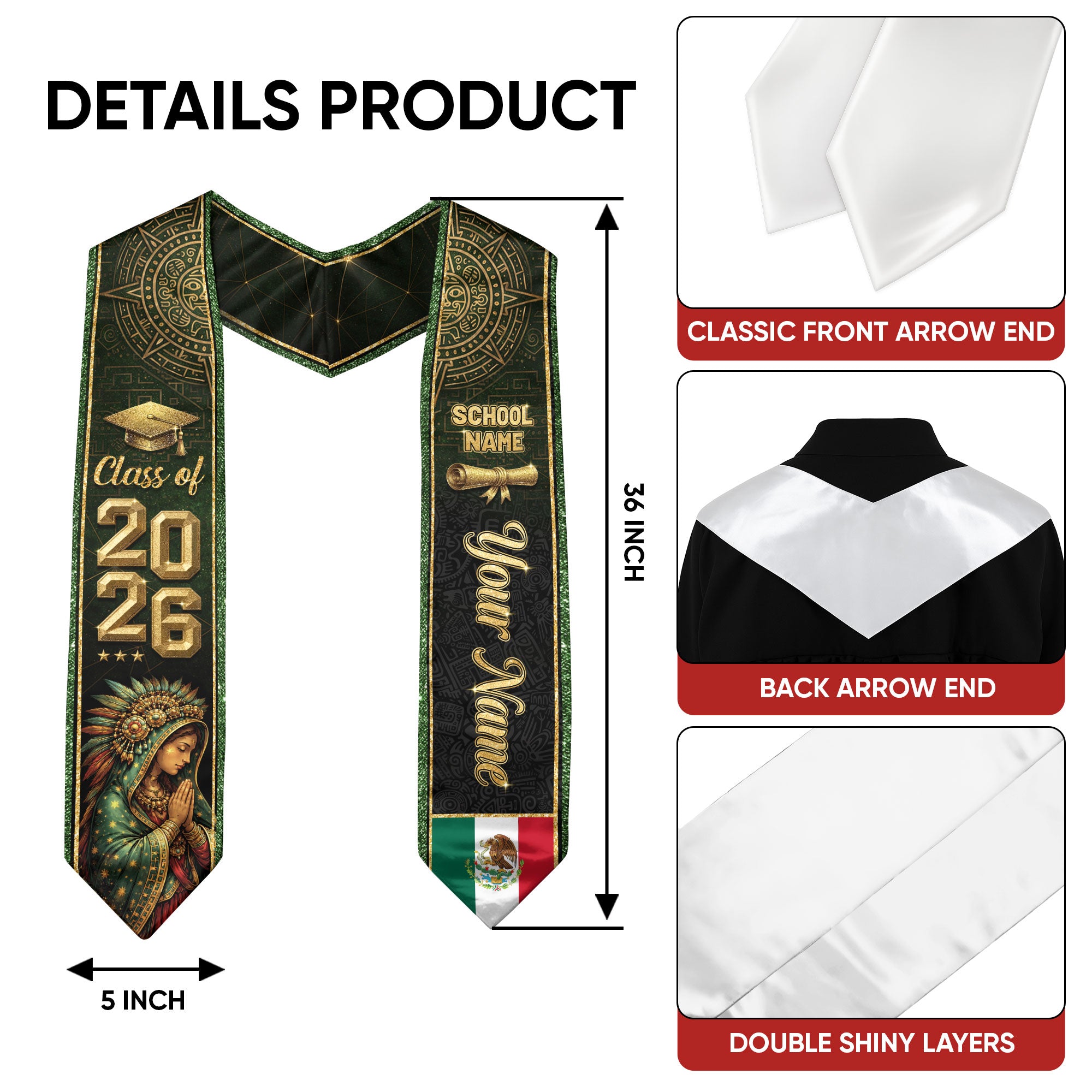 Personalized Mexico Graduation Sash 2026 - Virgin Mary Green Glitter Heritage Stole