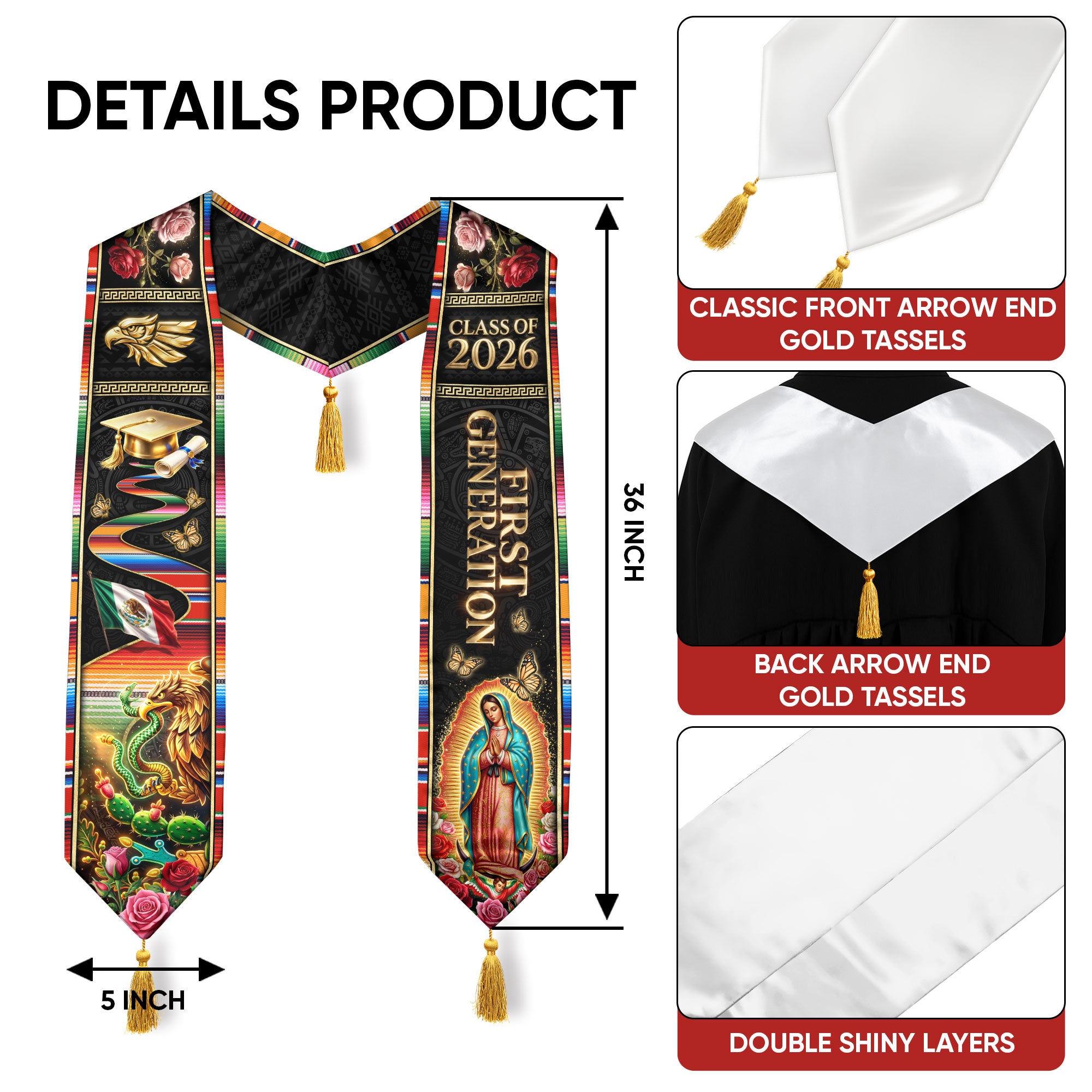 Class of 2026 Mexico Stole First Generation Guadalupe Aztec Eagle Rose Serape Tassel Sash
