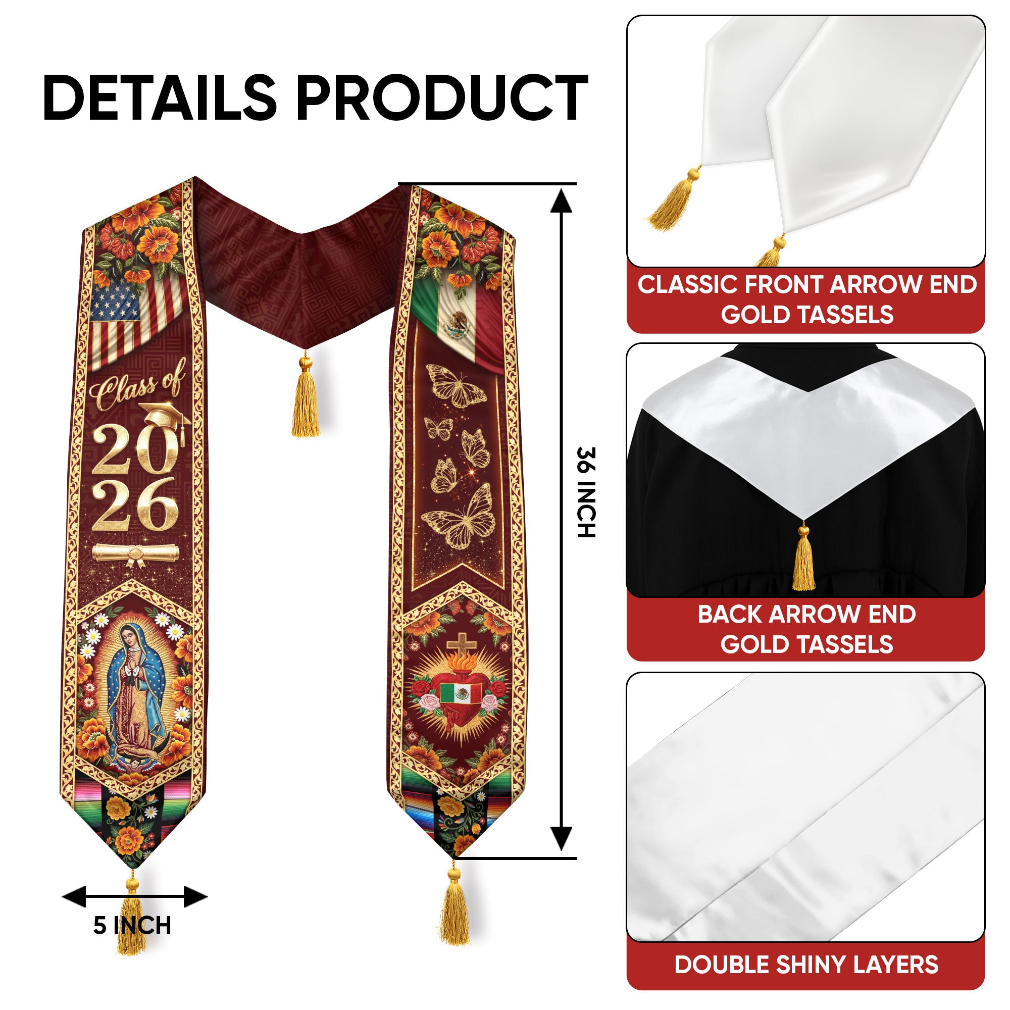 Mexico Stole Class of 2026 Butterfly Sacred Heart Virgin Guadalupe Floral Tassel Sash