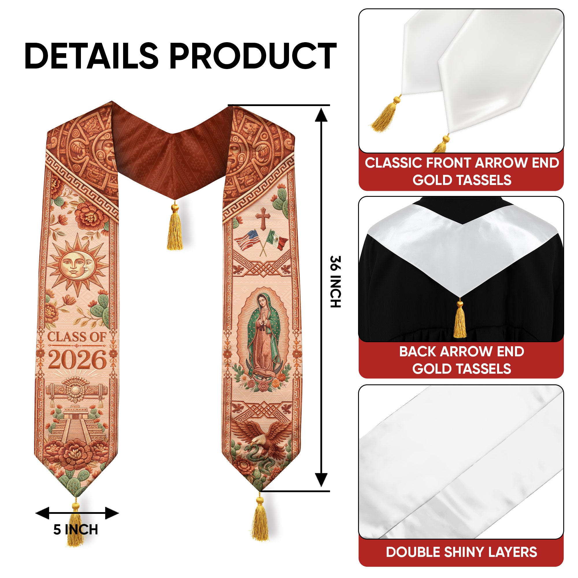 Mexico Graduation Stole Class of 2026 Sun Moon Chichen Itza Guadalupe Tassel Sash