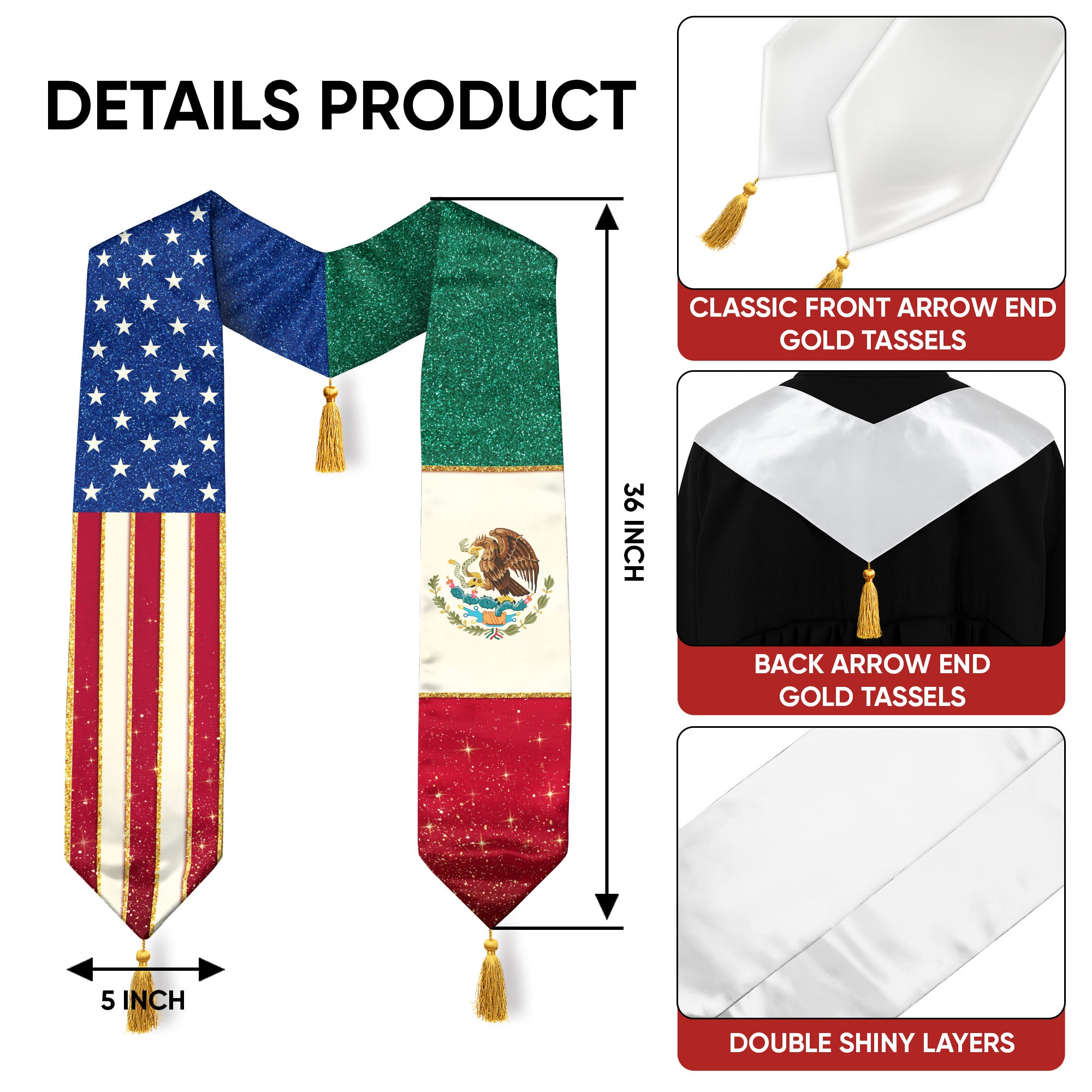 Mexico USA Dual Flag Graduation Stole Glitter Heritage Tassel Sash Gift