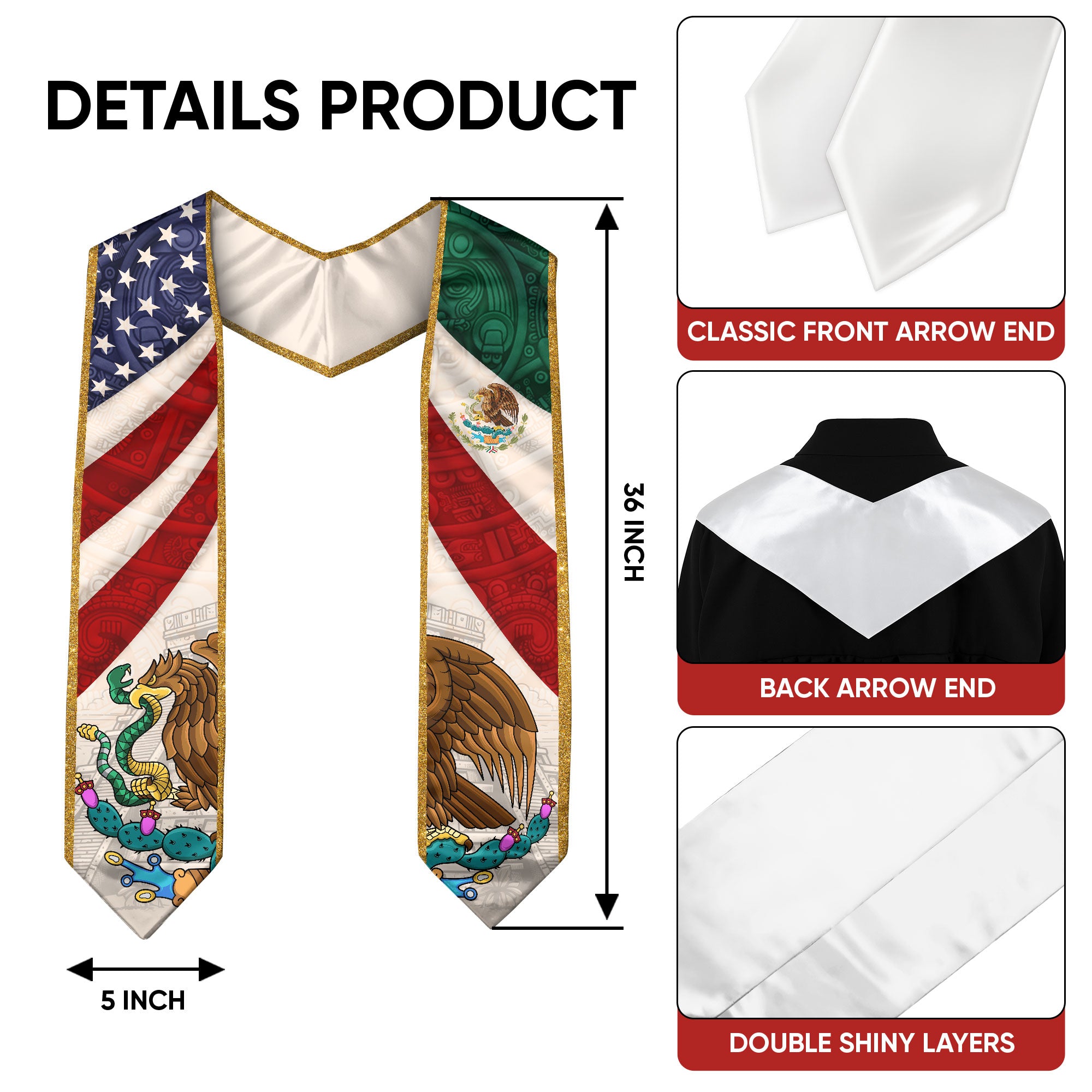 Mexican American Graduation Stole - Mexico USA Flag Sash Aztec Eagle Heritage