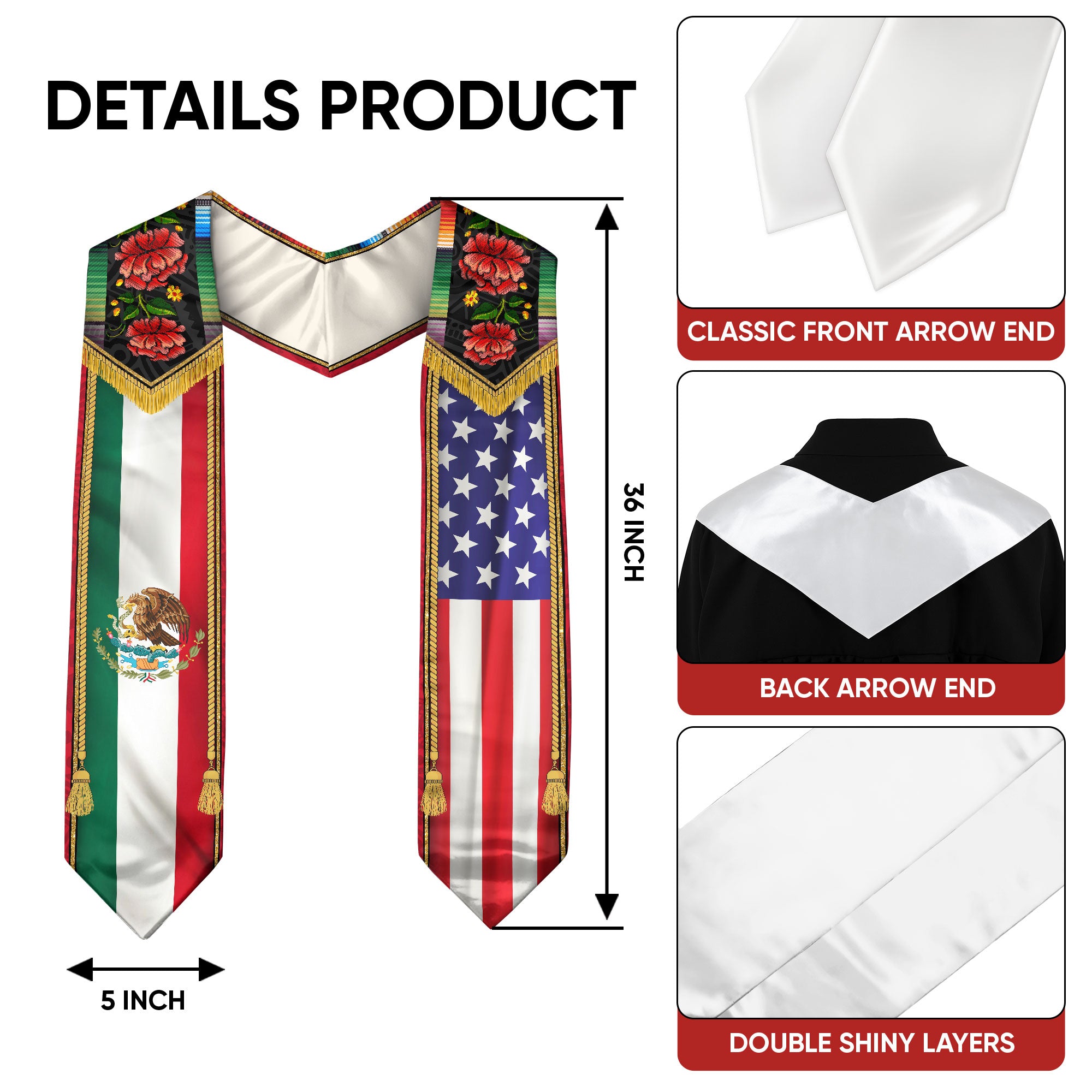 Mexico USA Floral Graduation Stole - Mexican American Heritage Serape Sash