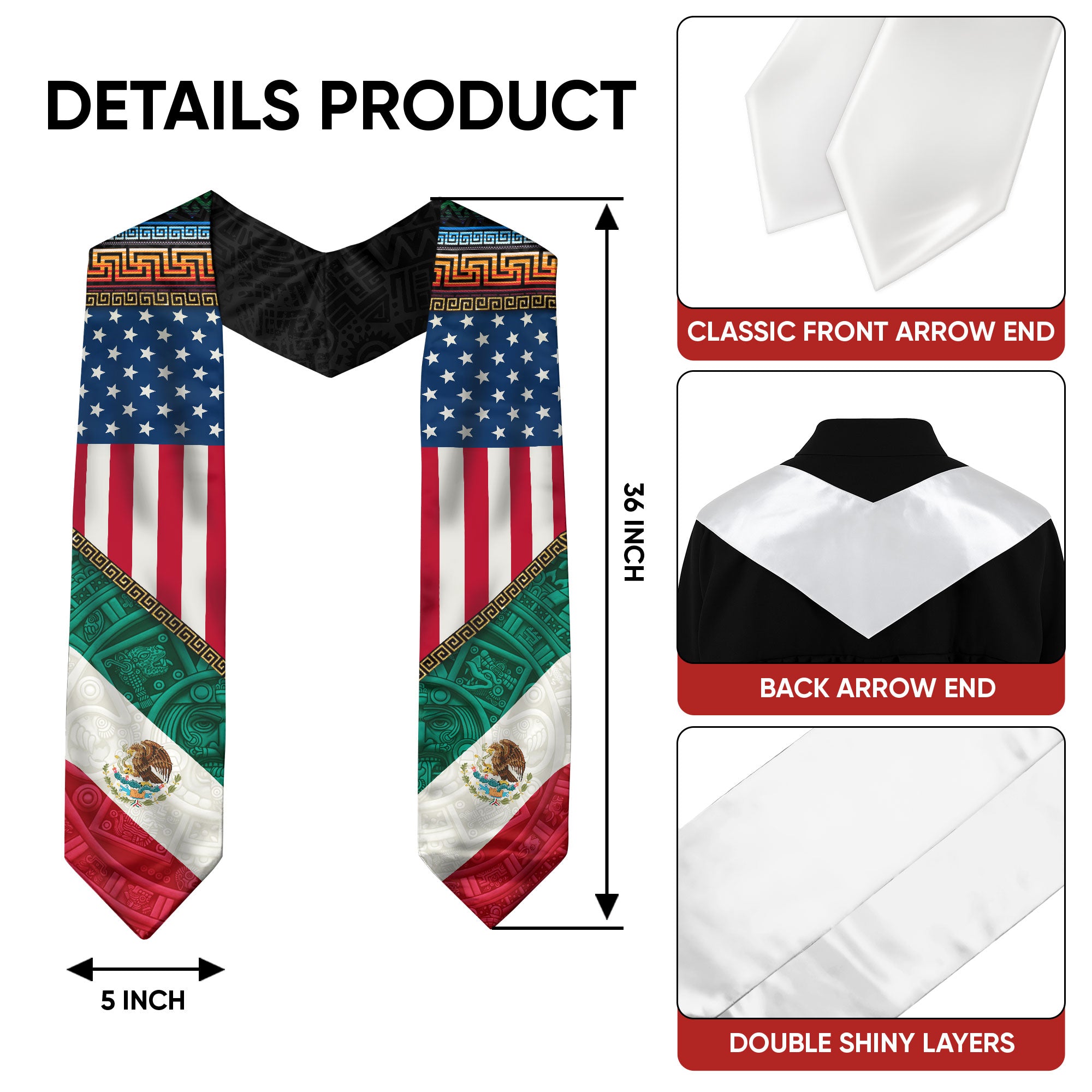 Mexico USA Flag Graduation Stole - Aztec Pattern Mexican American Heritage Sash
