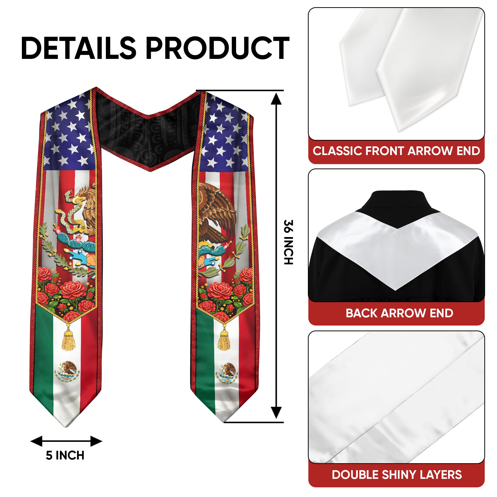 Mexico USA Flag Graduation Stole - Mexican American Heritage Eagle Red Rose Sash
