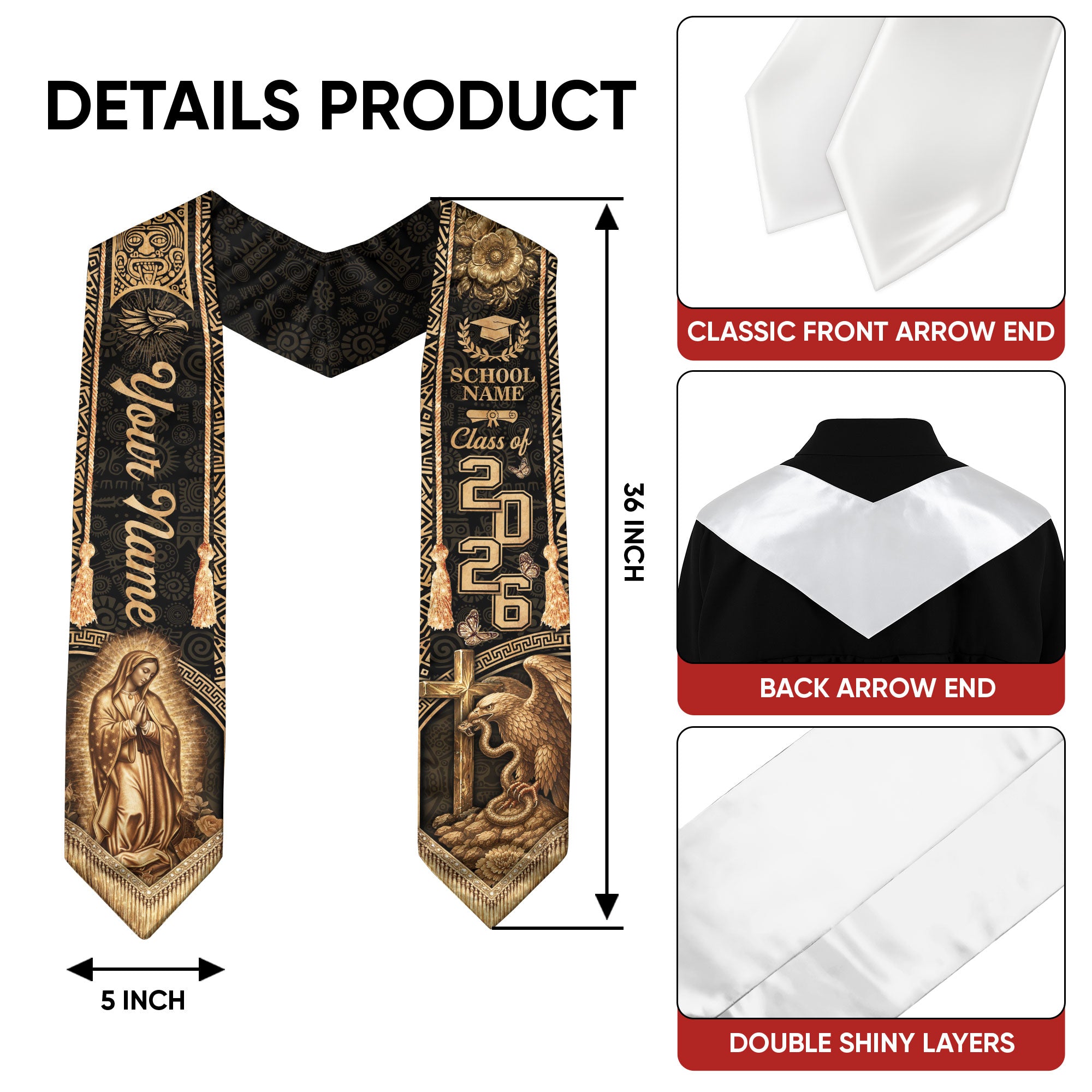 Vintage Gold Mexico Graduation Stole 2026 Virgin Mary Eagle Personalized Heritage Sash