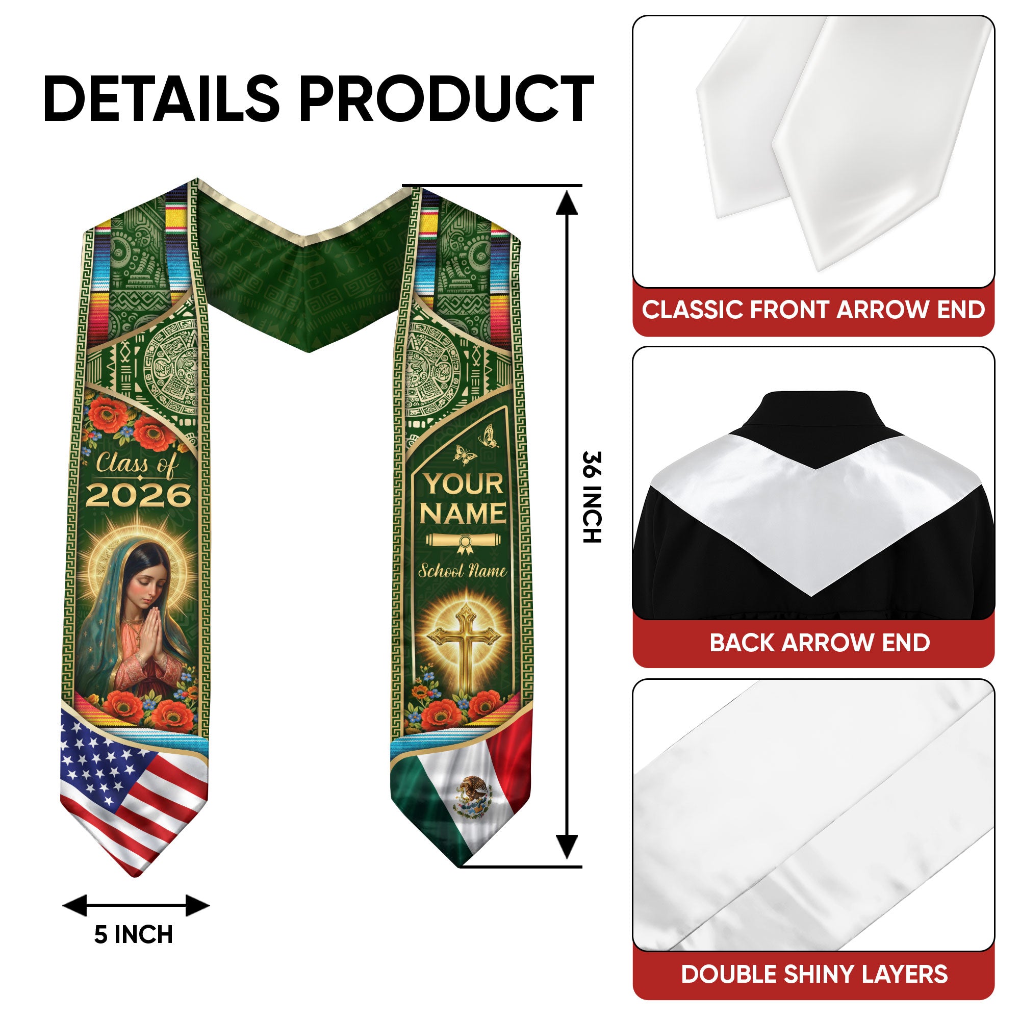 Custom Mexico USA Flag Graduation Stole 2026 Virgin Mary Heritage Sash