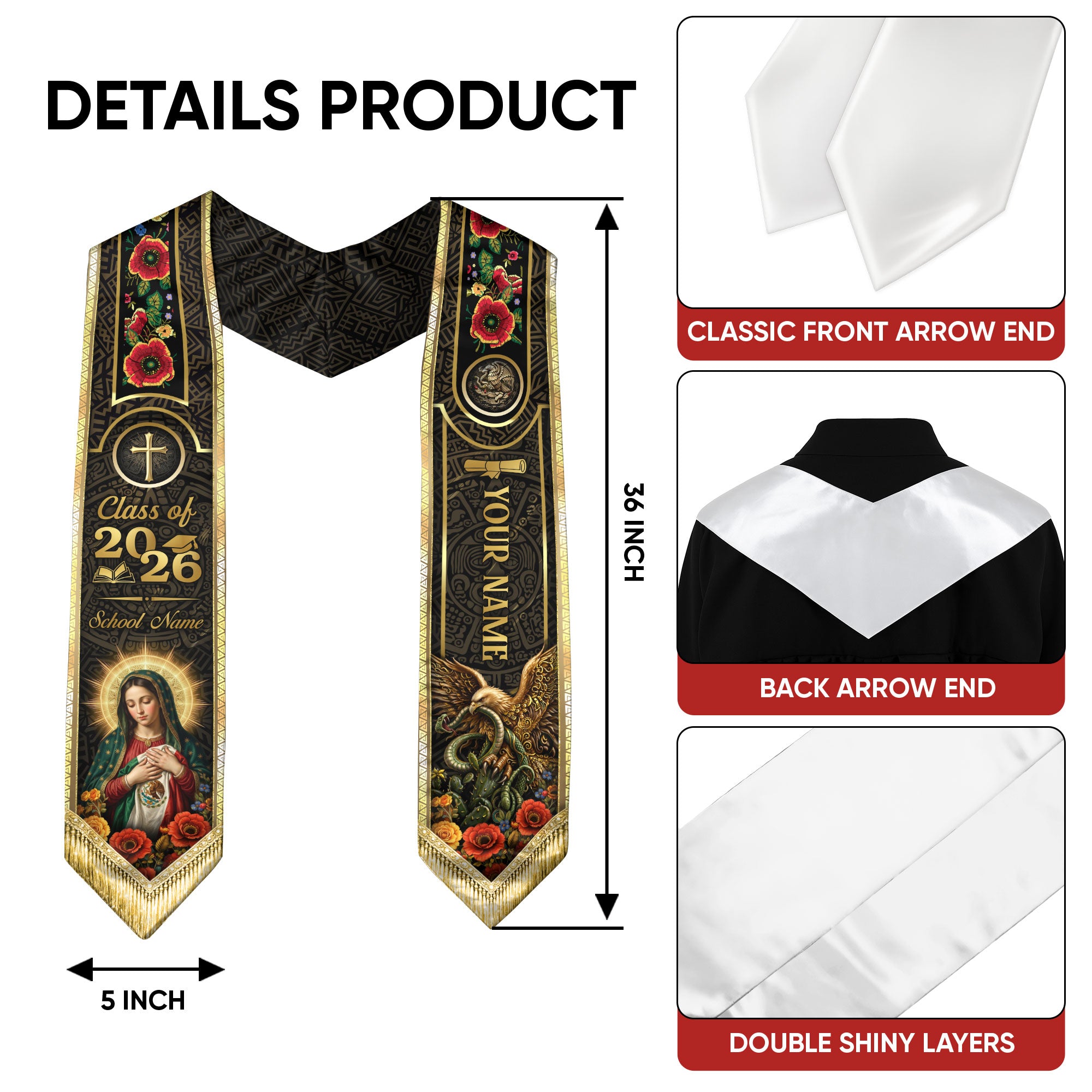 Custom Mexican Graduation Stole 2026 Catholic Virgin Mary Gold Luxury Name School Sash