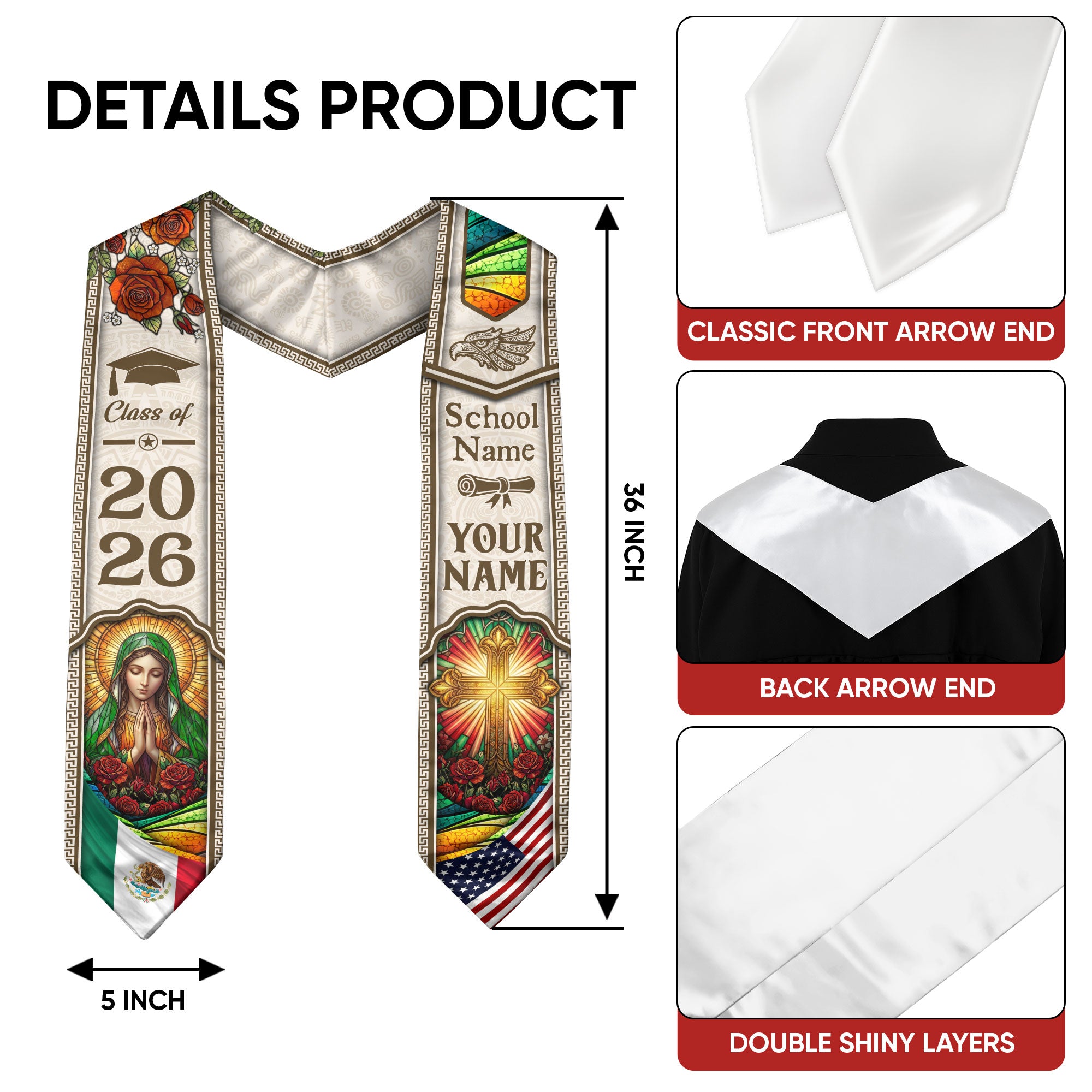 Mexican Graduation Stole 2026 Custom Name School Virgin Mary Cross Gold White Sash
