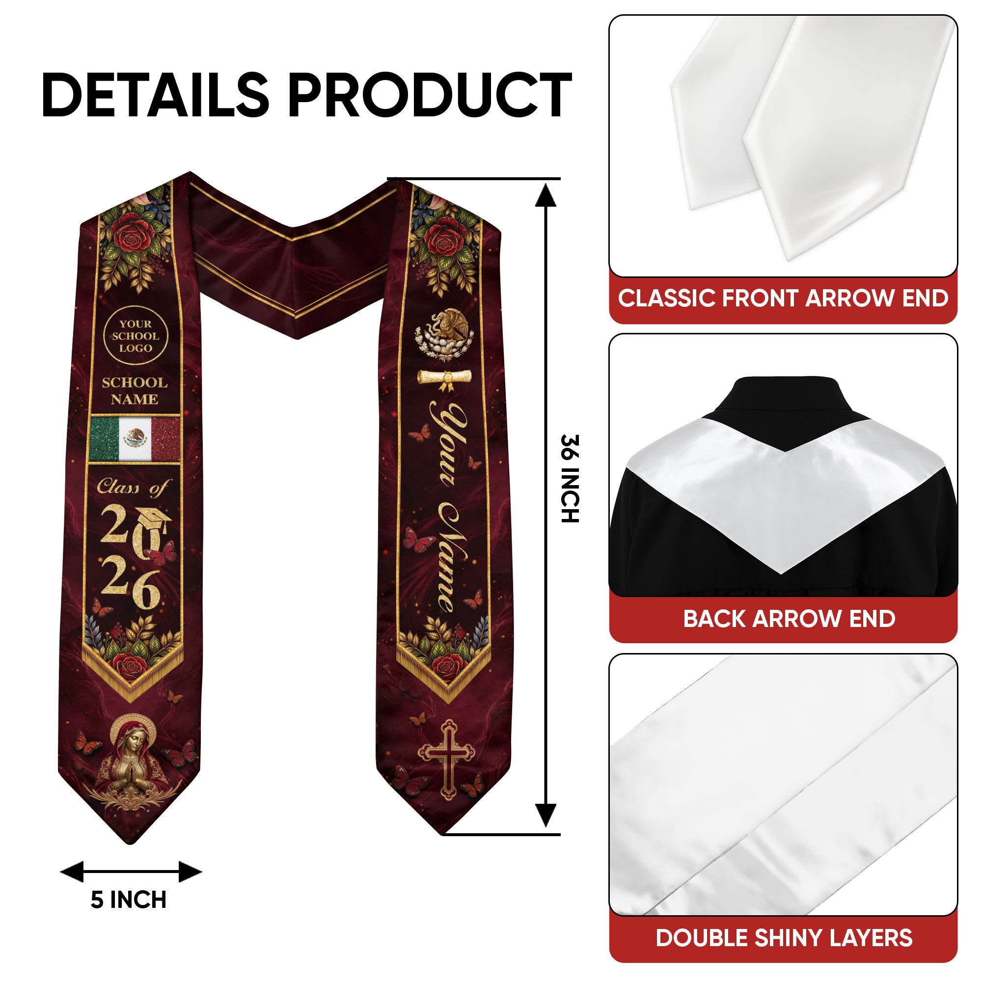 Sacred Heritage Mexican Stole Legacy 2026 Burgundy Virgin Mary Personalized Sash