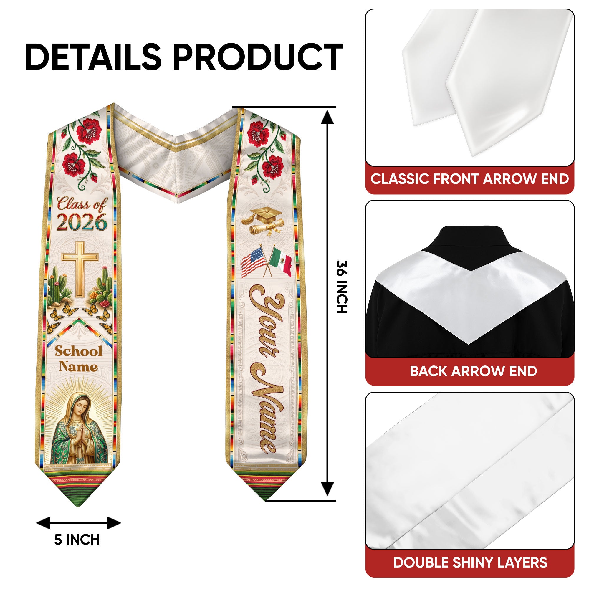 Mexican Heritage Graduation Stole 2026 - Custom Name School Virgin Mary Cross Floral Sash
