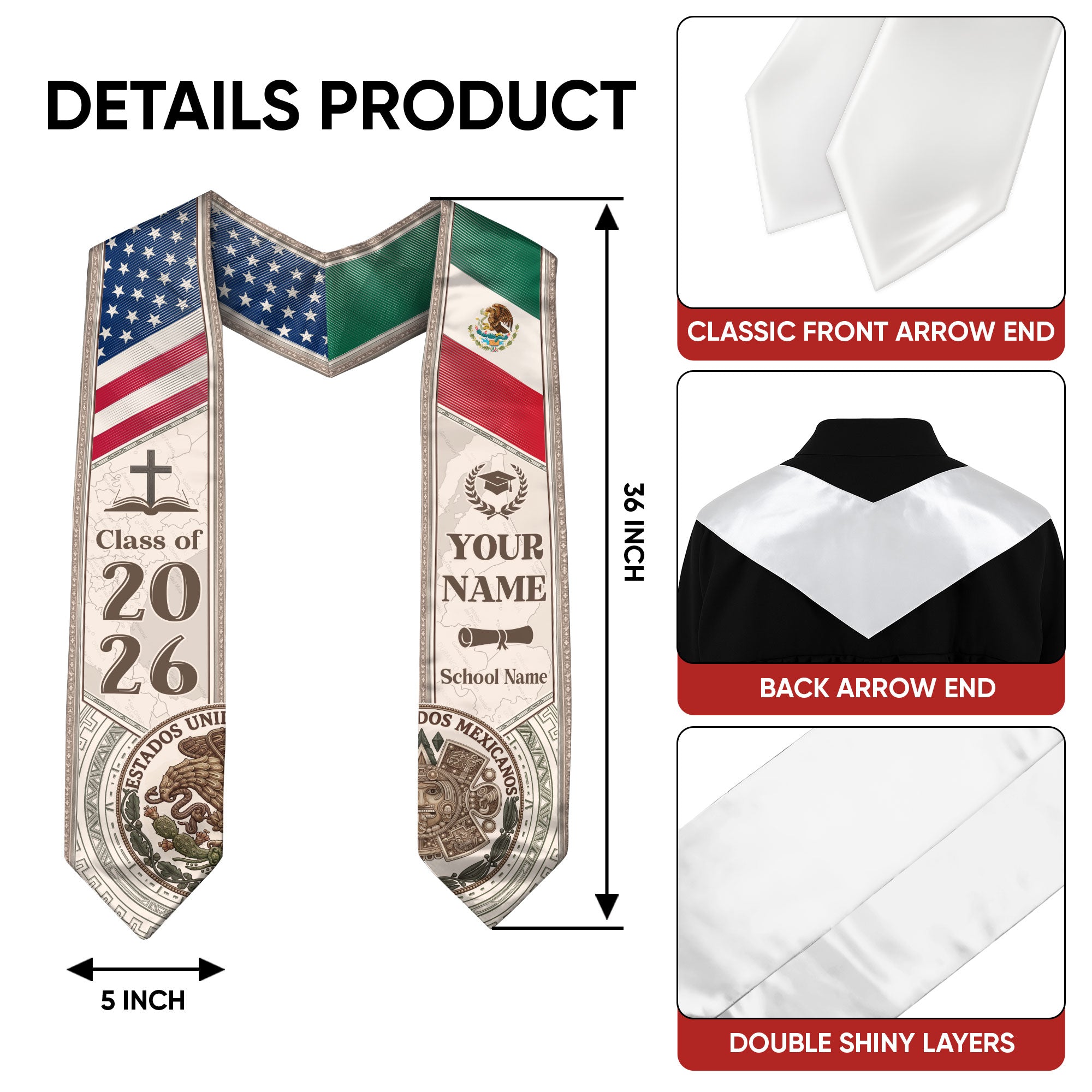 USA Mexico Dual Citizenship Graduation Stole 2026 - Personalized Name & School Sash