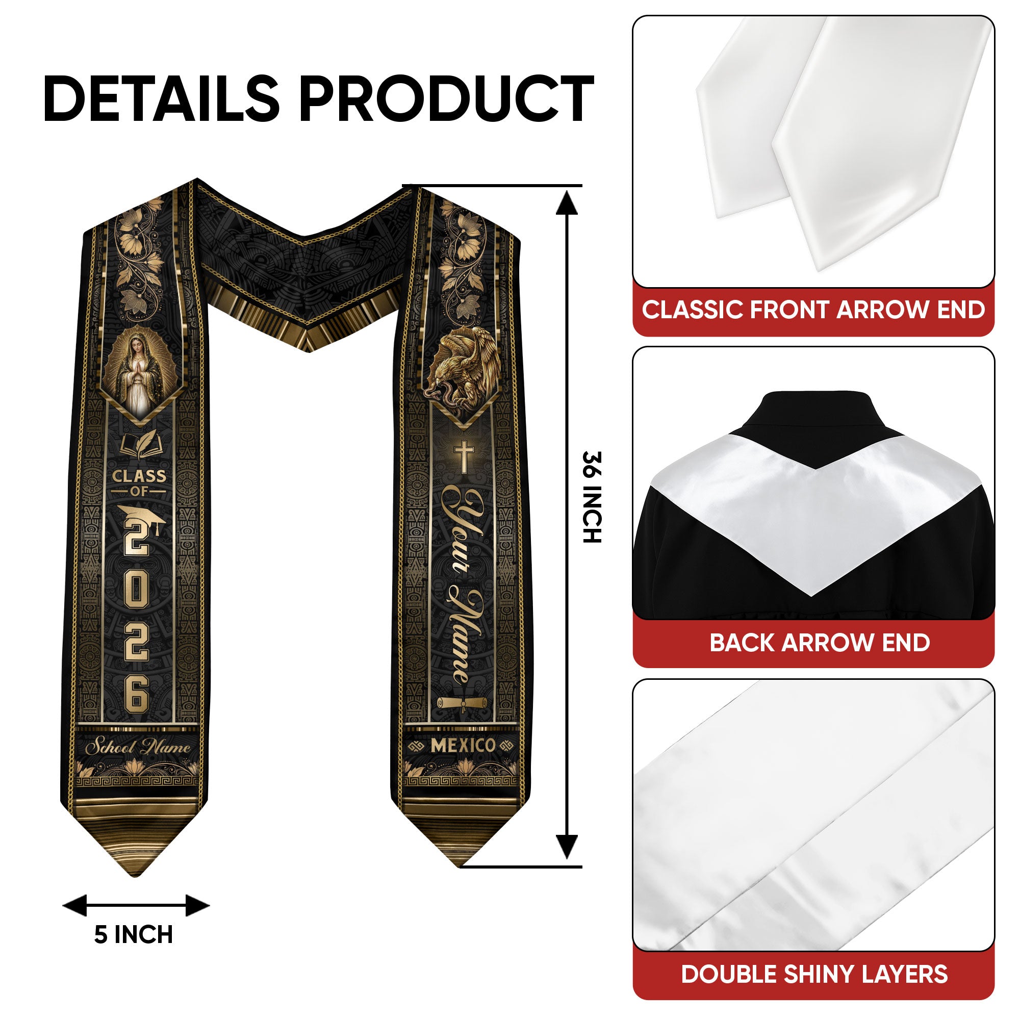 Mexico Graduation Stole Class of 2026 - Custom Name School Gold Black Sash