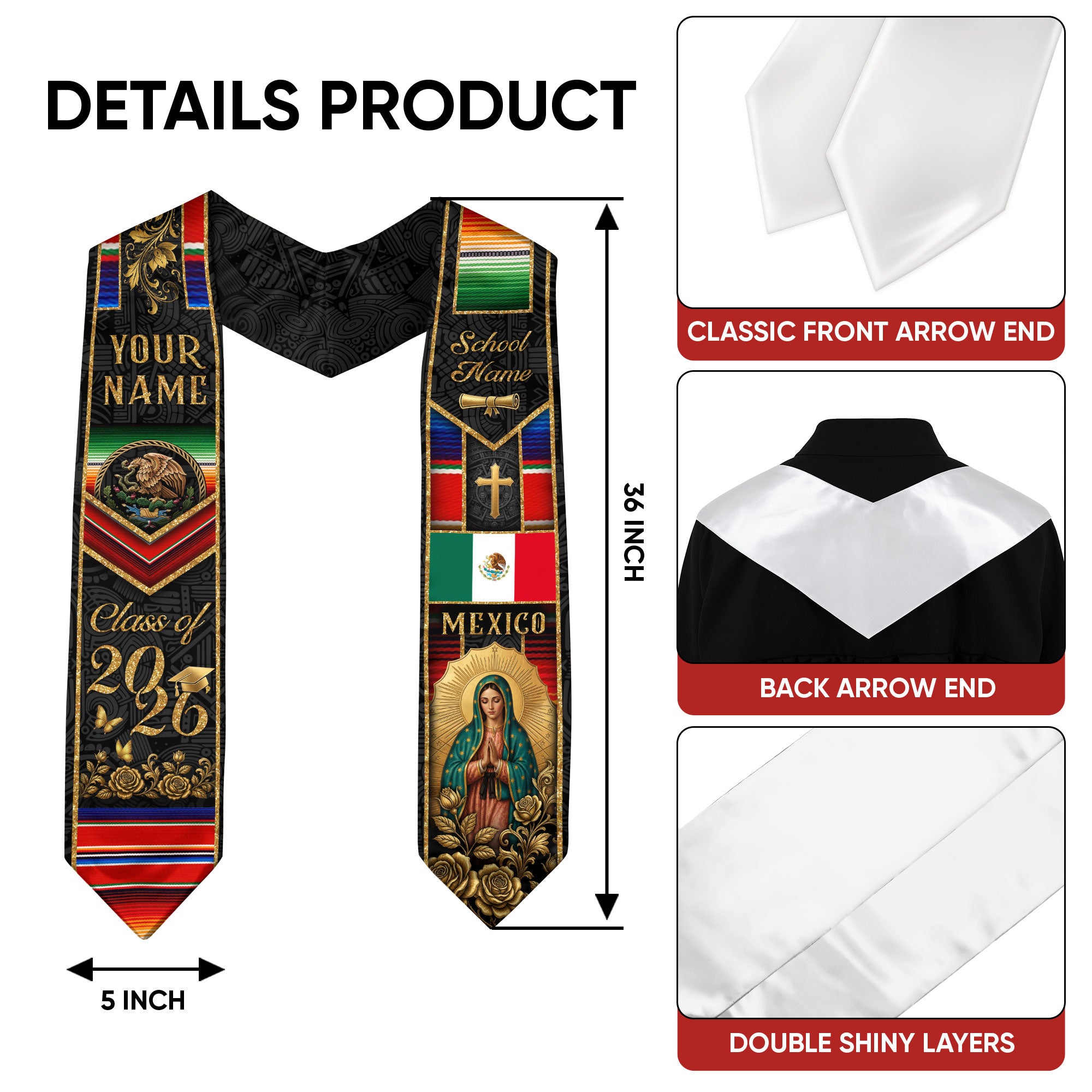 Mexican Heritage Graduation Stole 2026 - Custom Name School Eagle Virgin Mary Gold Sash