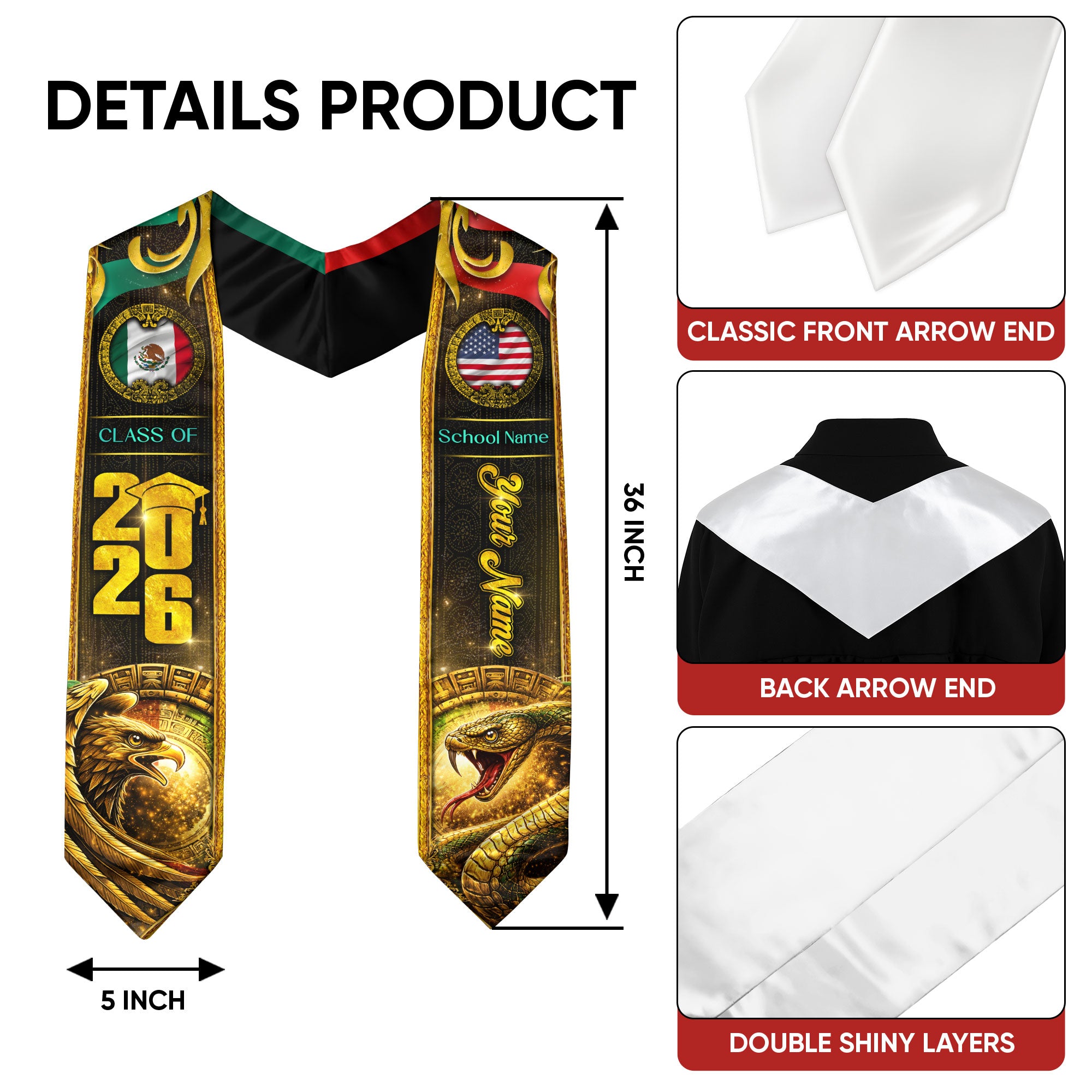 Custom Mexico USA Flag Graduation Stole 2026 Eagle Snake Mexican American Heritage Sash