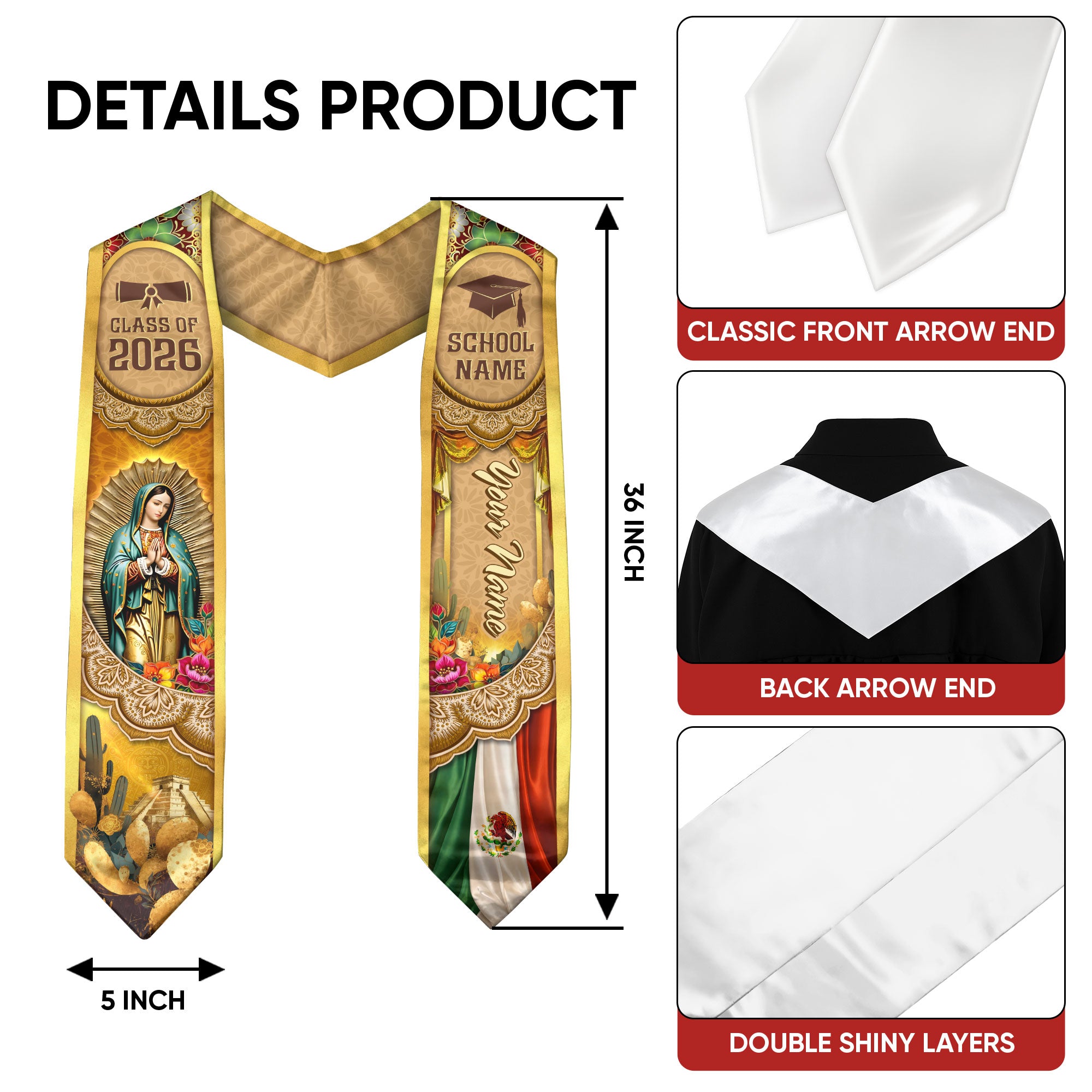Mexico Graduation Stole 2026 Virgin Mary Pyramid Personalized Heritage Gold Sash