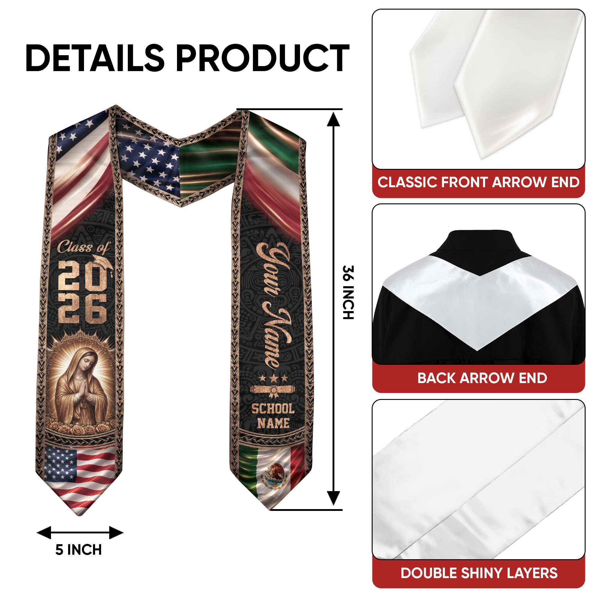 Mexico USA Flag Graduation Stole 2026 Virgin Mary Personalized Heritage Bronze Sash