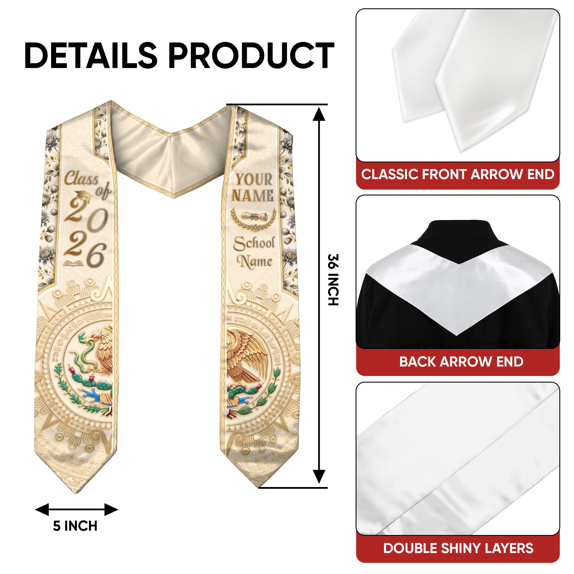 Mexico Graduation Stole 2026 Eagle Mexican American Heritage Personalized Cream Sash