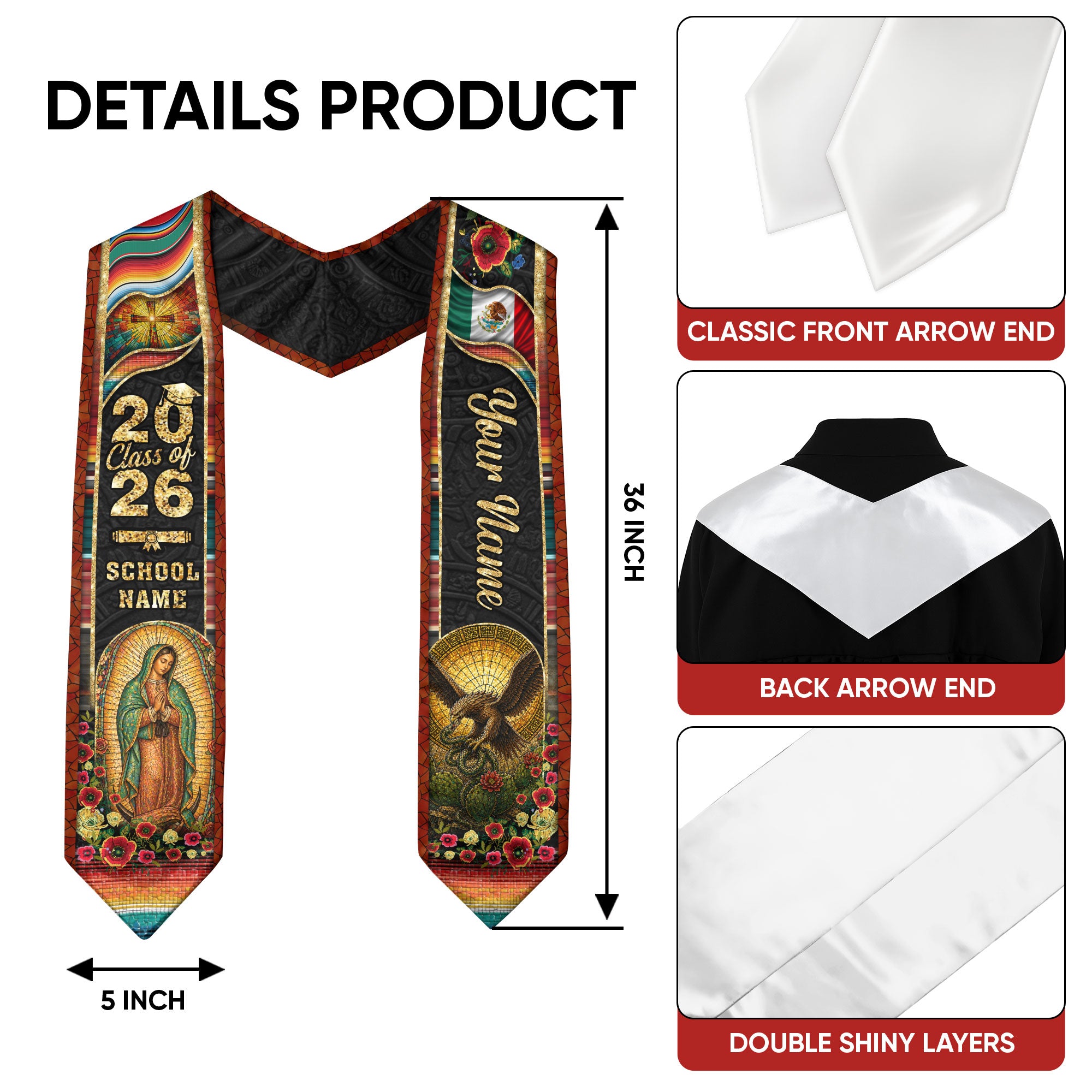 Mexico Graduation Stole 2026 Virgin Mary Eagle Serape Personalized Heritage Mosaic Sash
