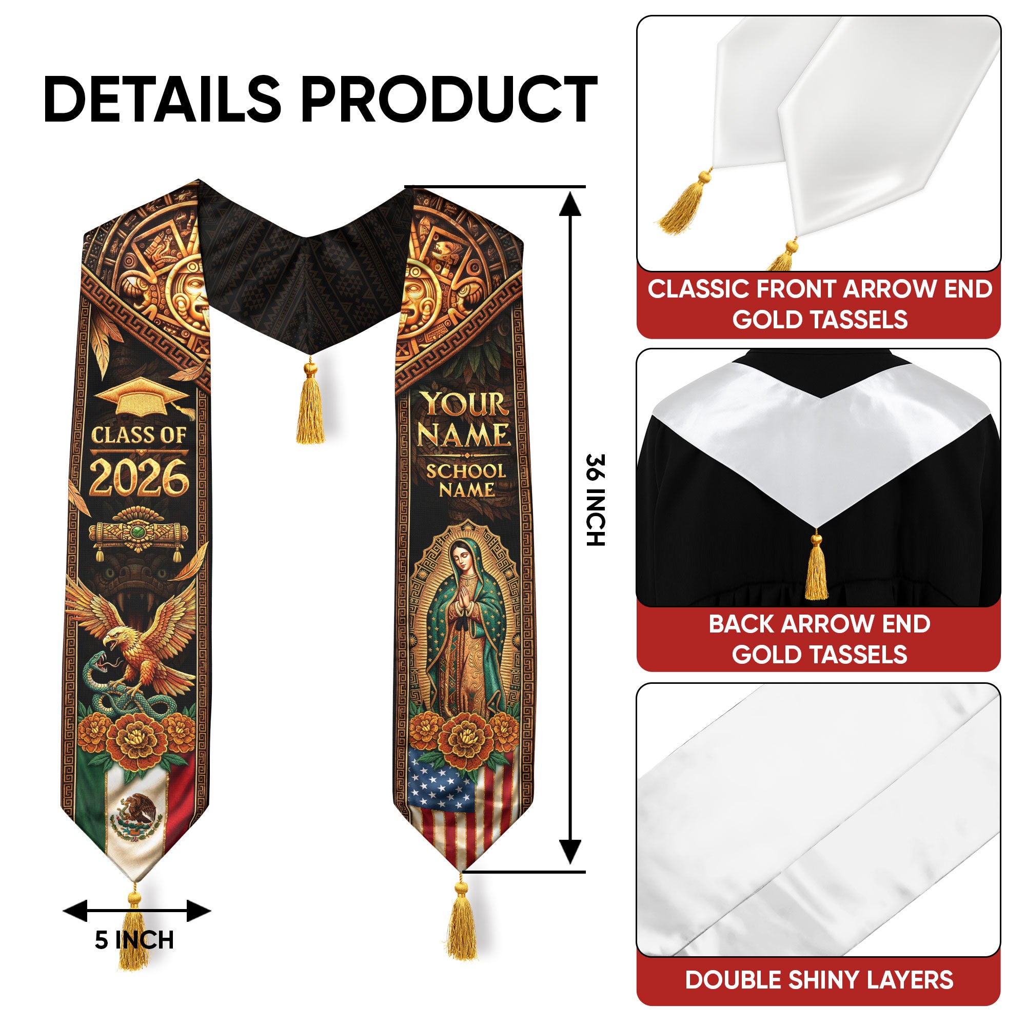 Mexico USA Graduation Stole 2026 Tassels Virgin Mary Eagle Personalized Gold Sash