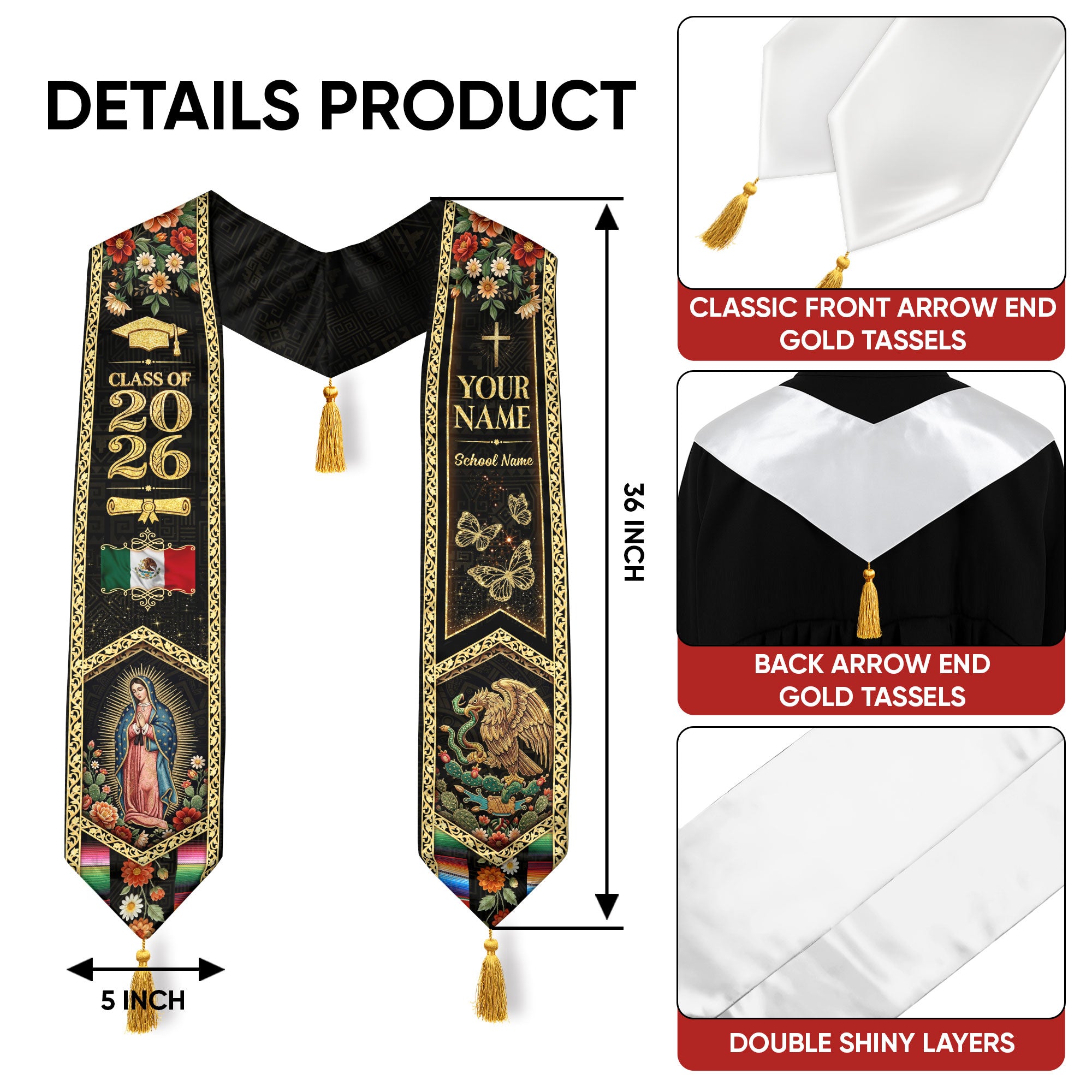Custom Mexico Graduation Stole 2026 Tassels Virgin Mary Eagle Black Gold Sash