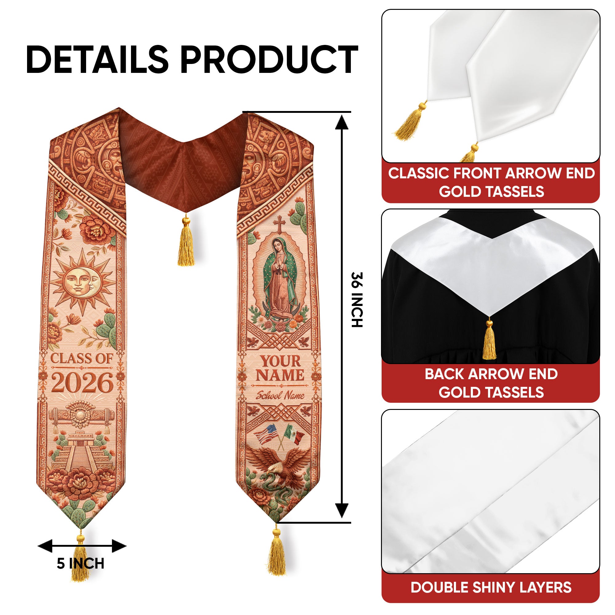 Personalized Mexico Graduation Stole 2026 Tassels Virgin Mary Terracotta Aztec Sash
