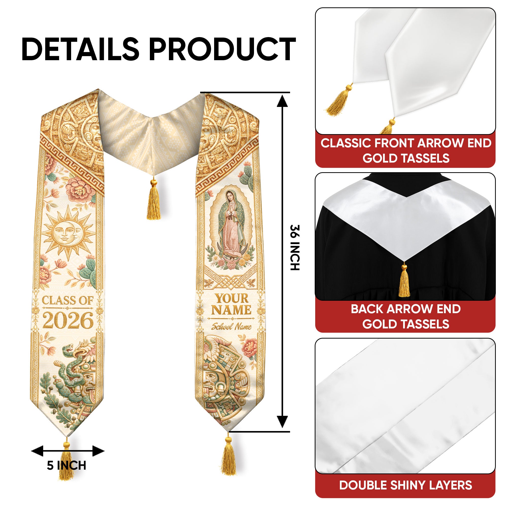 Custom Mexico Graduation Stole 2026 Tassels Virgin Mary Ivory Aztec Gold Sash