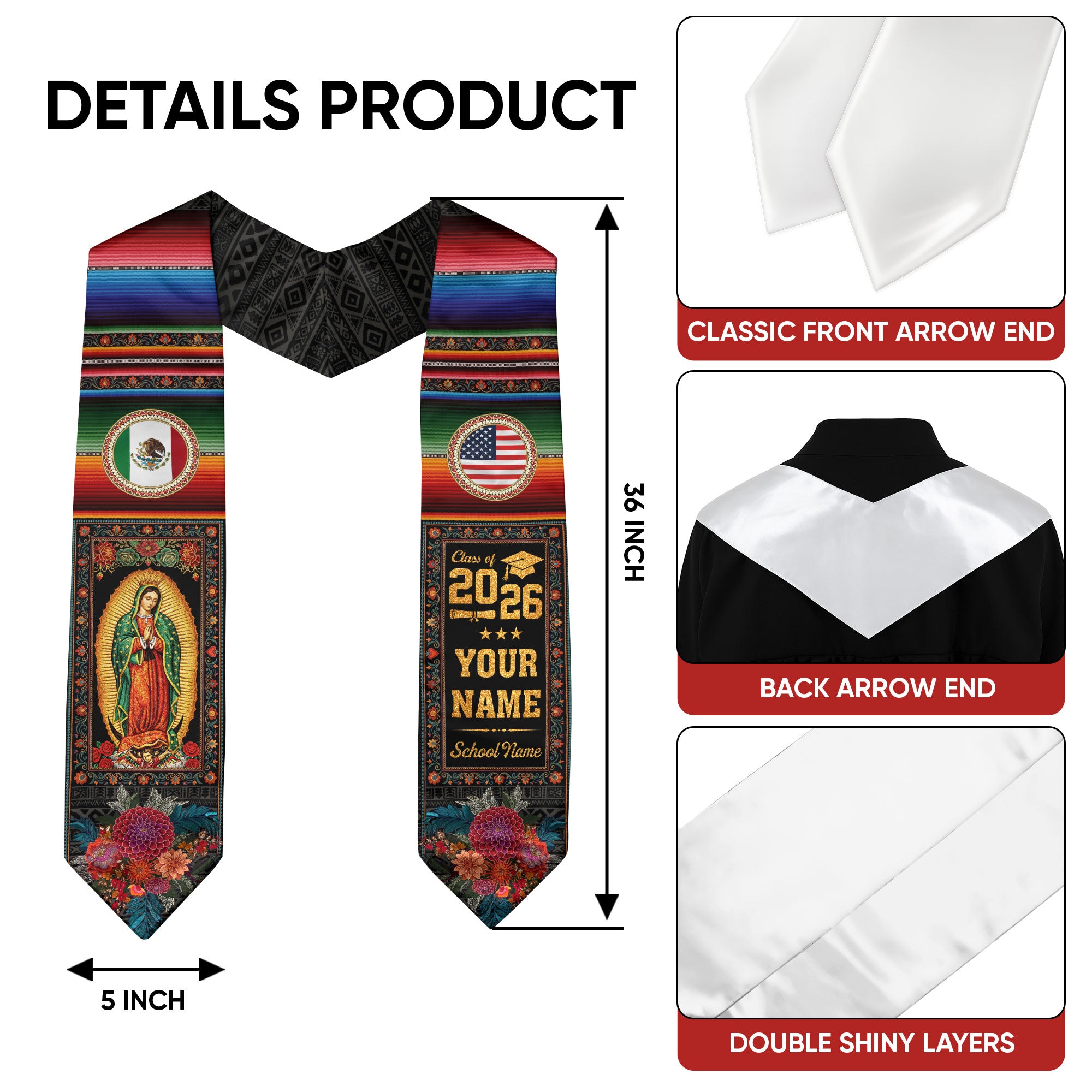 Mexico Serape Graduation Stole Custom Name 2026 Mexican American Grad Gift Sash