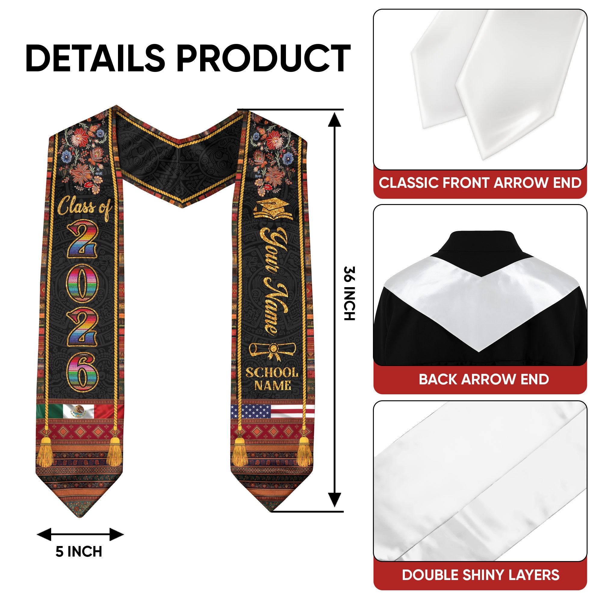 Custom Mexican American Grad Stole Class of 2026 Embroidered Style Graduation Sash