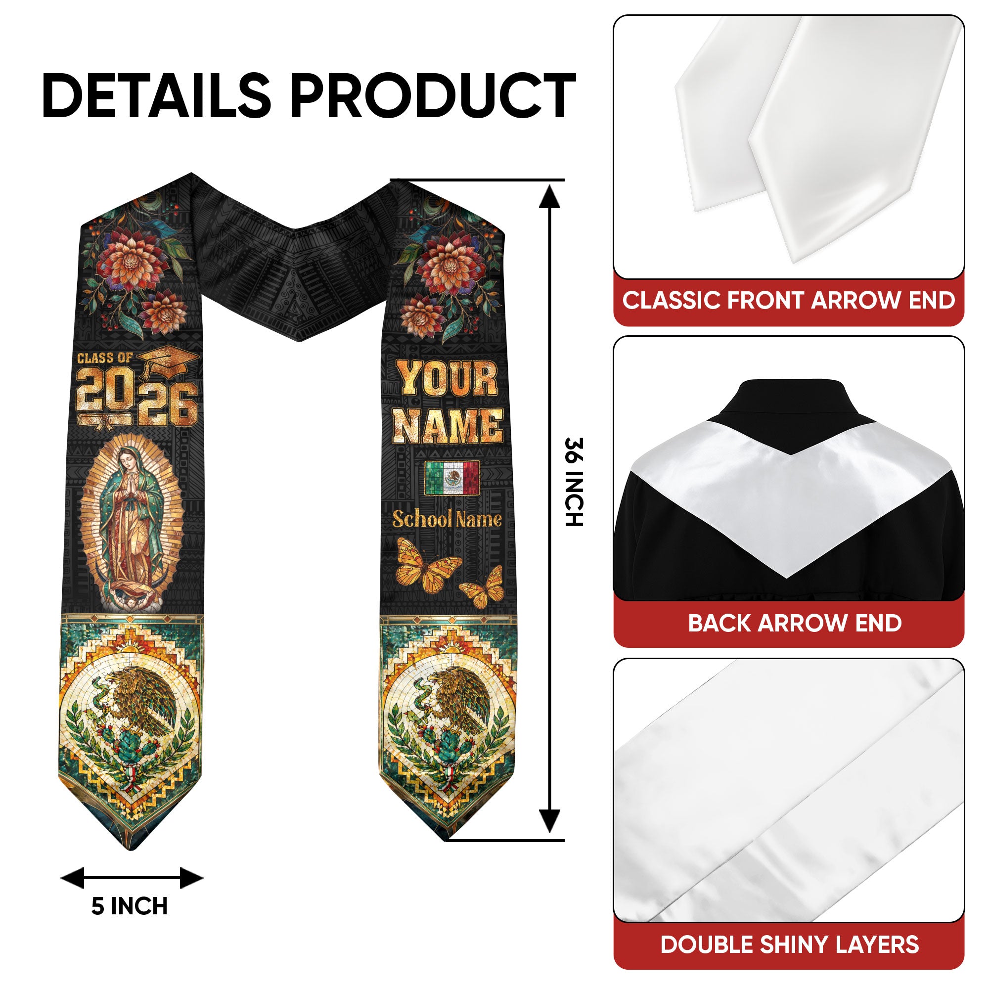 Mexico Grad Stole Custom Name 2026 Virgen De Guadalupe Mexican Senior Sash