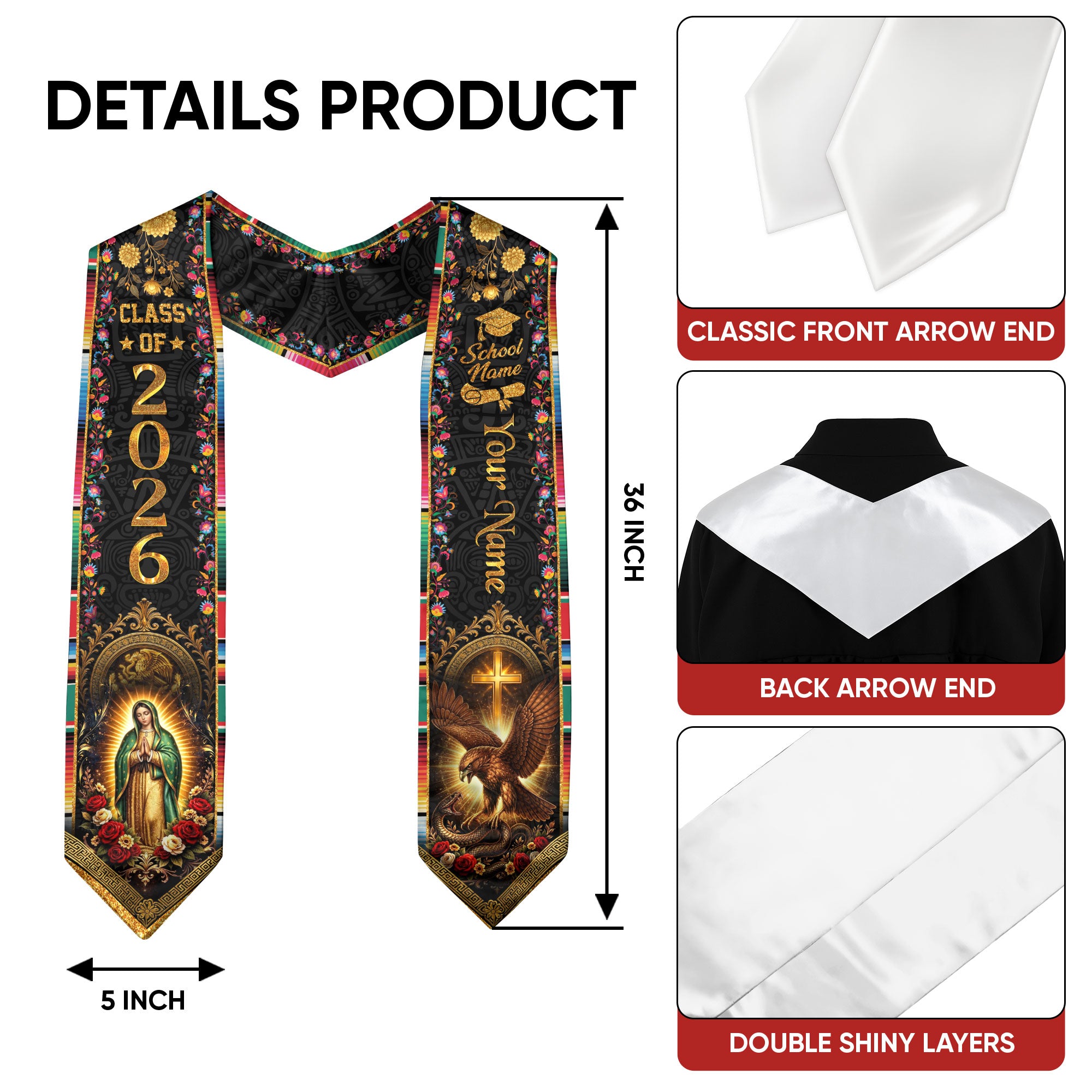 Mexico Graduation Stole Custom Class of 2026 Virgin Mary Aztec Eagle Serape Sash